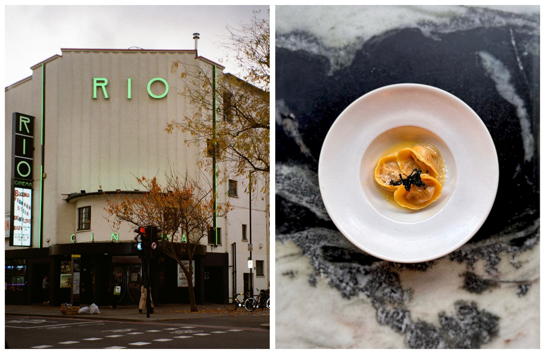 The Rio's prime corner site and a pasta dish from Japanese-Italian fusion restaurant Angelina. © Zain Gibson via Rio Cinema, © Laura Horta/Angelina