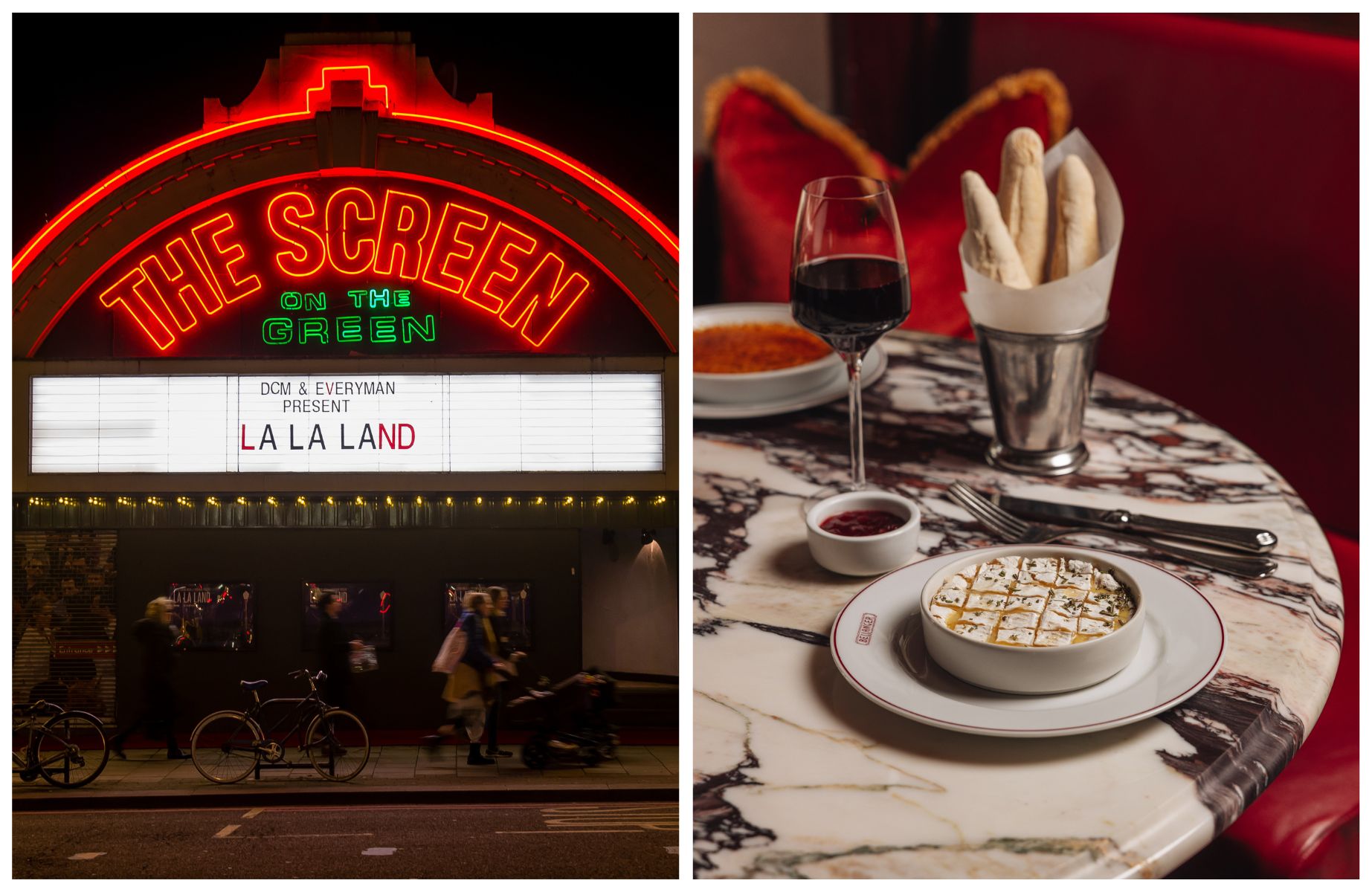 The neon-lit Screen on the Green, now operated by Everyman, and camembert from Bellanger. © Ted Mendez, © Emma Pharaoh/Bellanger