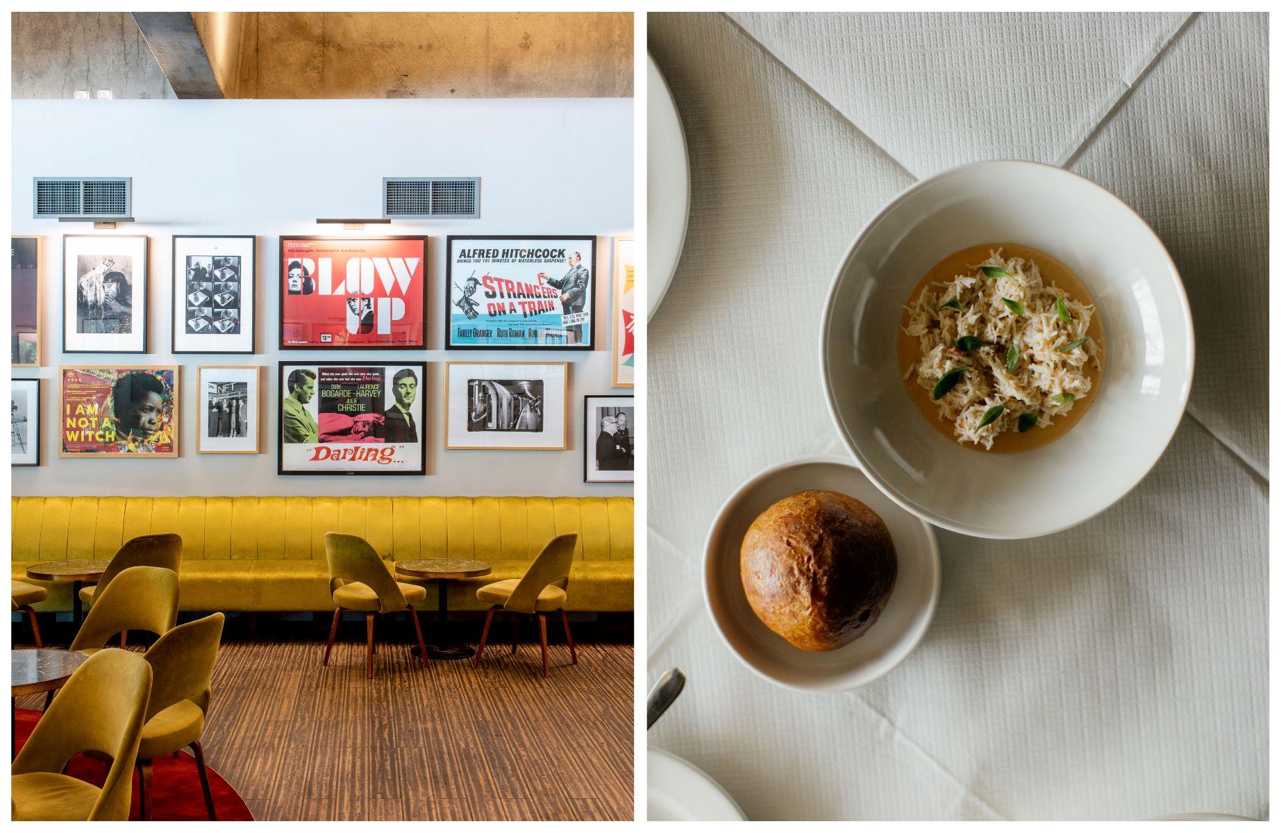 One of BFI Southbank's cafés and bars, adorned with film posters, and a dish from Lasdun. © BFI/David Jensen, © Maureen M. Evans/Lasdun
