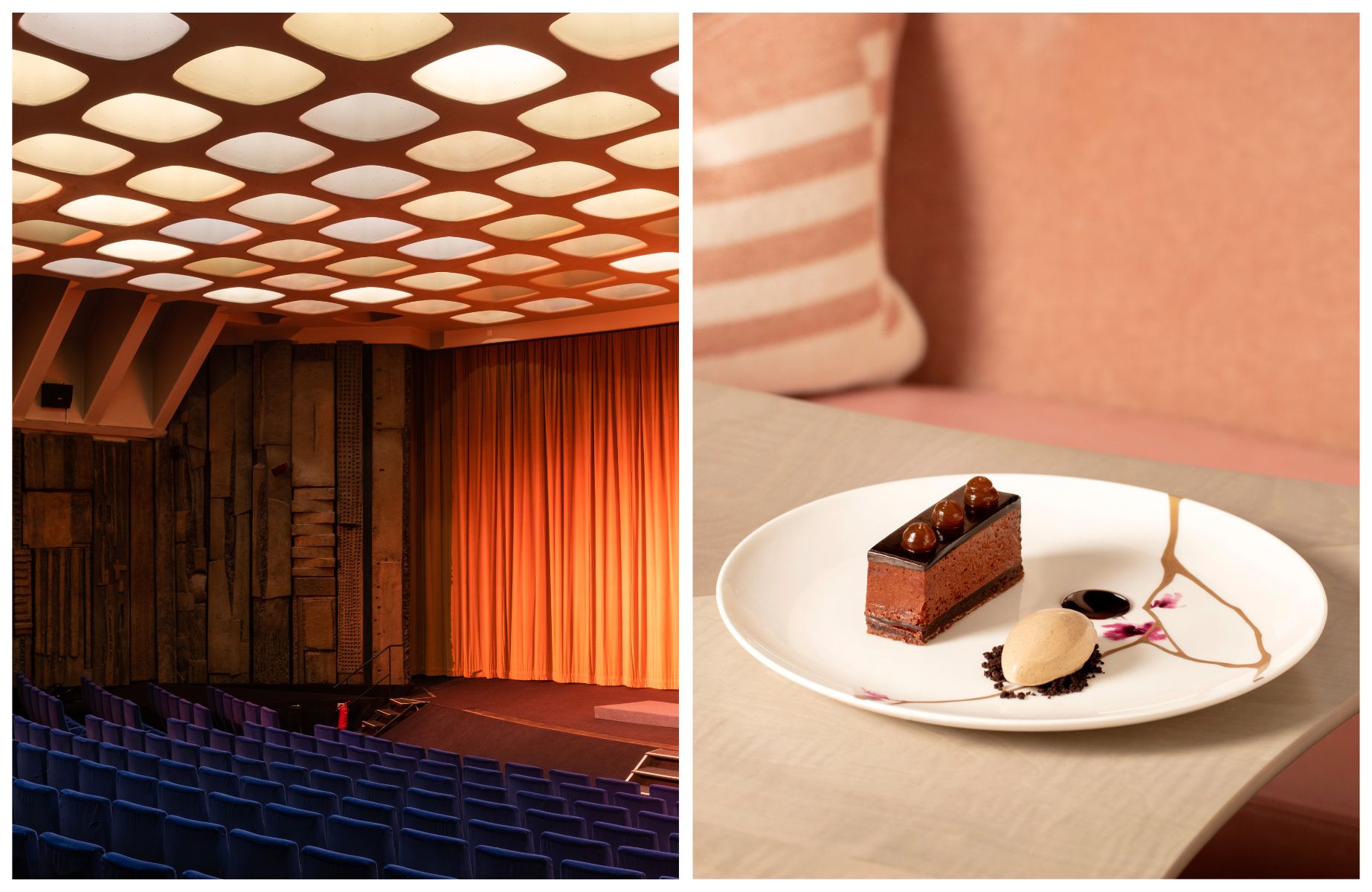 The art deco ceiling in Curzon Mayfair's largest auditorium and a chocolate dessert from MICHELIN-Starred Murano. © Curzon, © John Carey/Murano