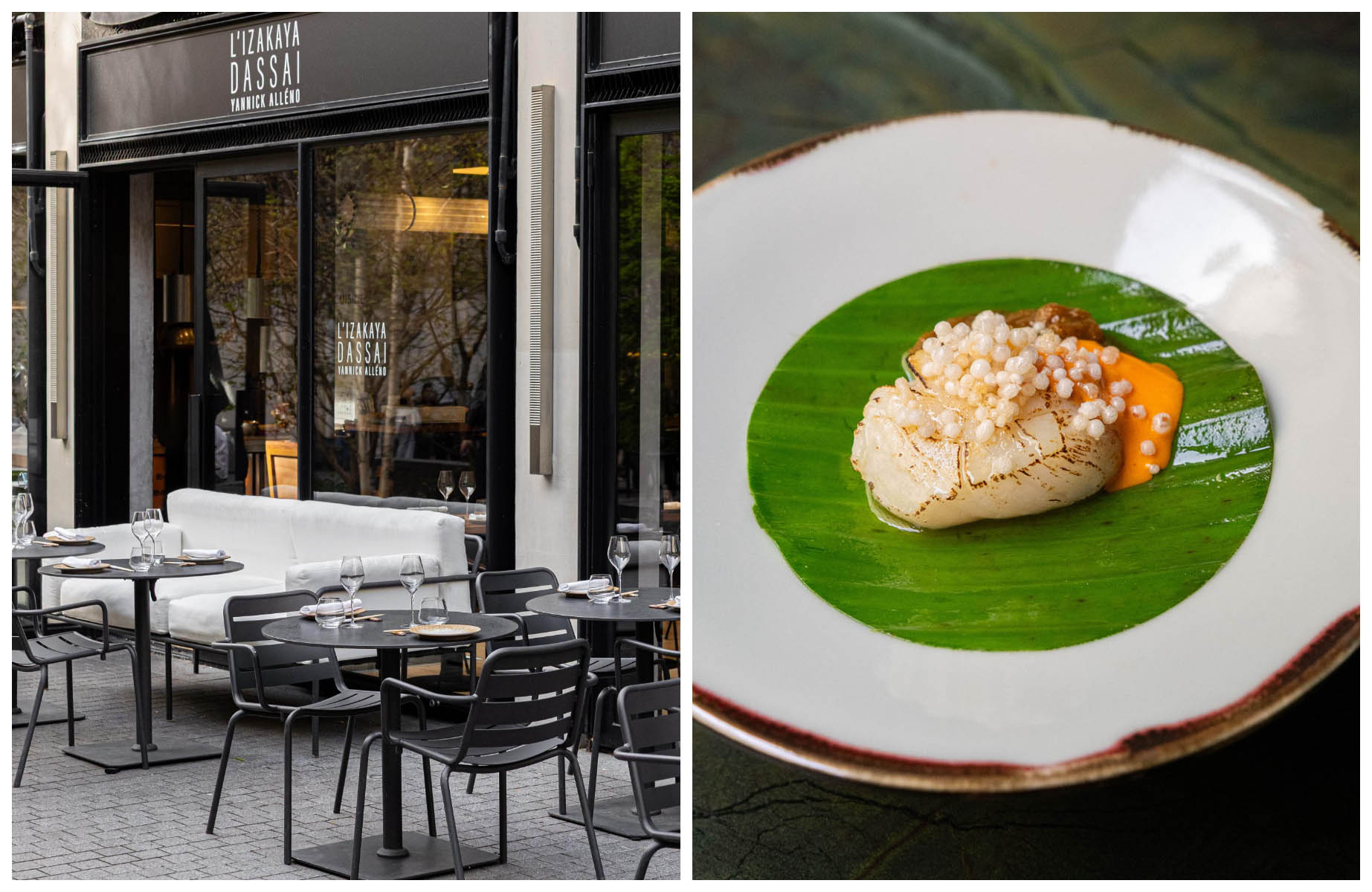 The terrace at Izakaya Dassai Yannick Alléno and a dish from Mantra. © Clémence Sahuc/L'Izakaya Dassai Yannick Alléno, © mantra