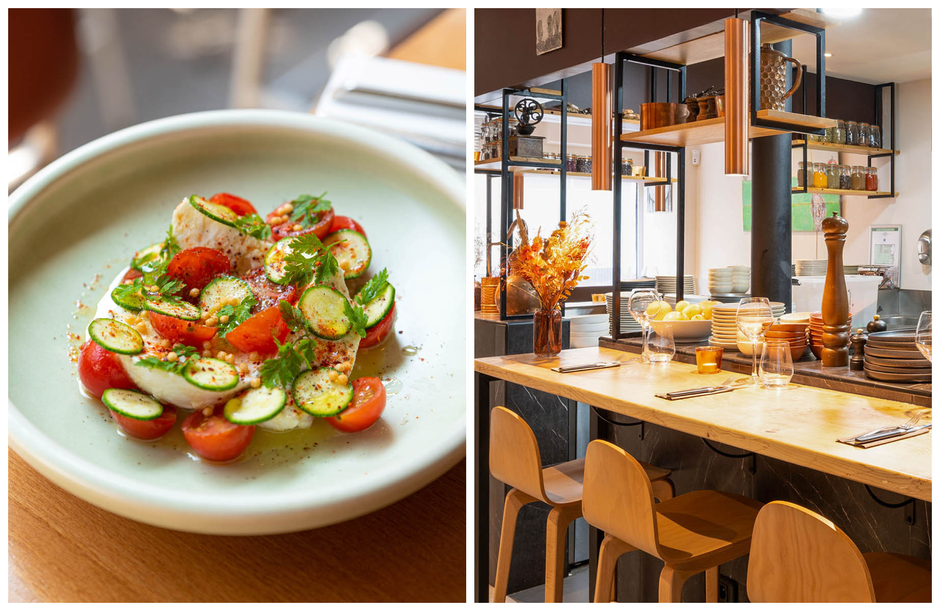 A verdant dish from Hugo & Co and the counter seating at Lesar. © popmyfood/Hugo & Co, © Lesar