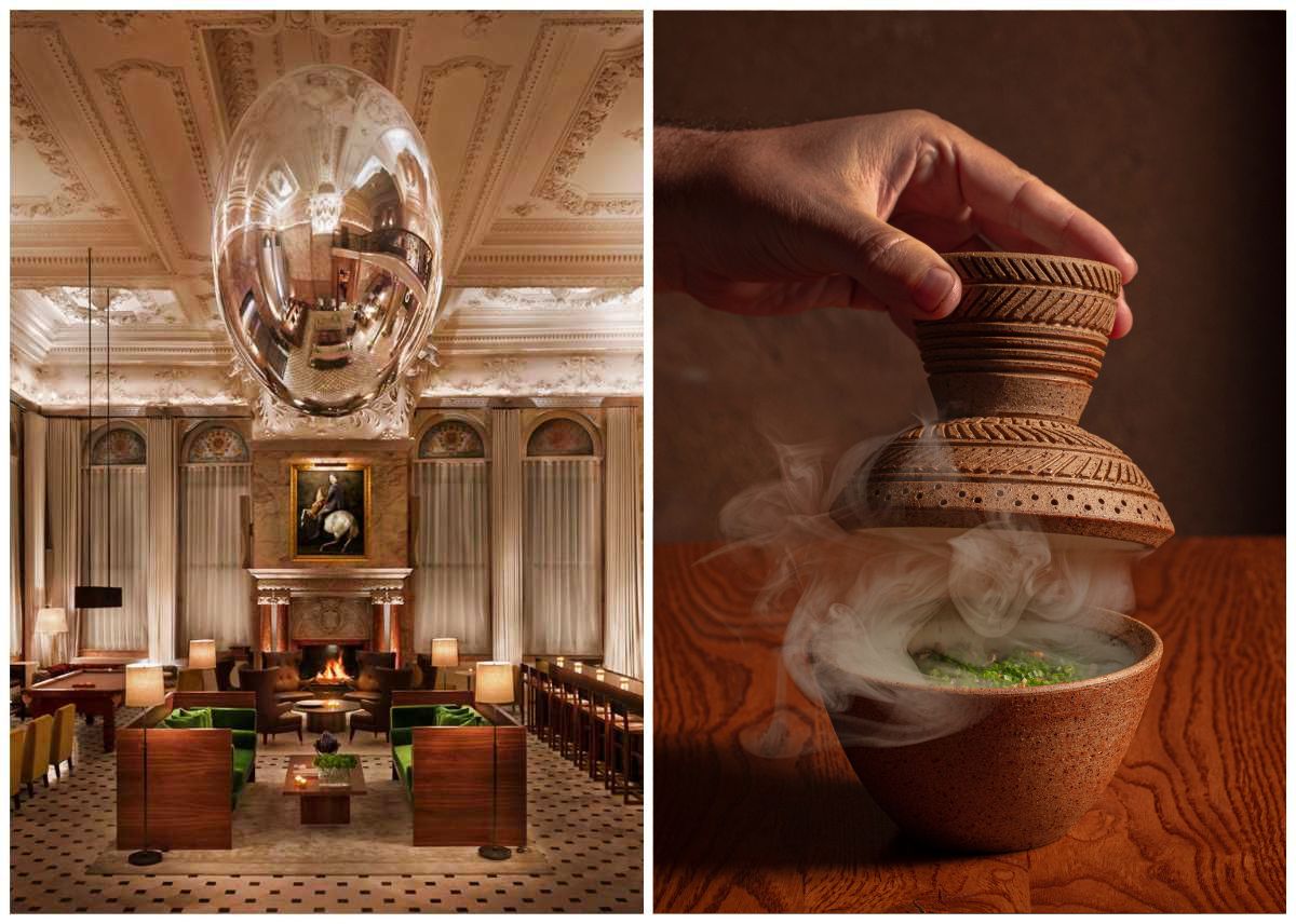 The Ian Schrager-designed London EDITION hotel, and the jollof rice from West African-inspired restaurant Akoko in London. © The London EDITION, © John Carey/Akoko