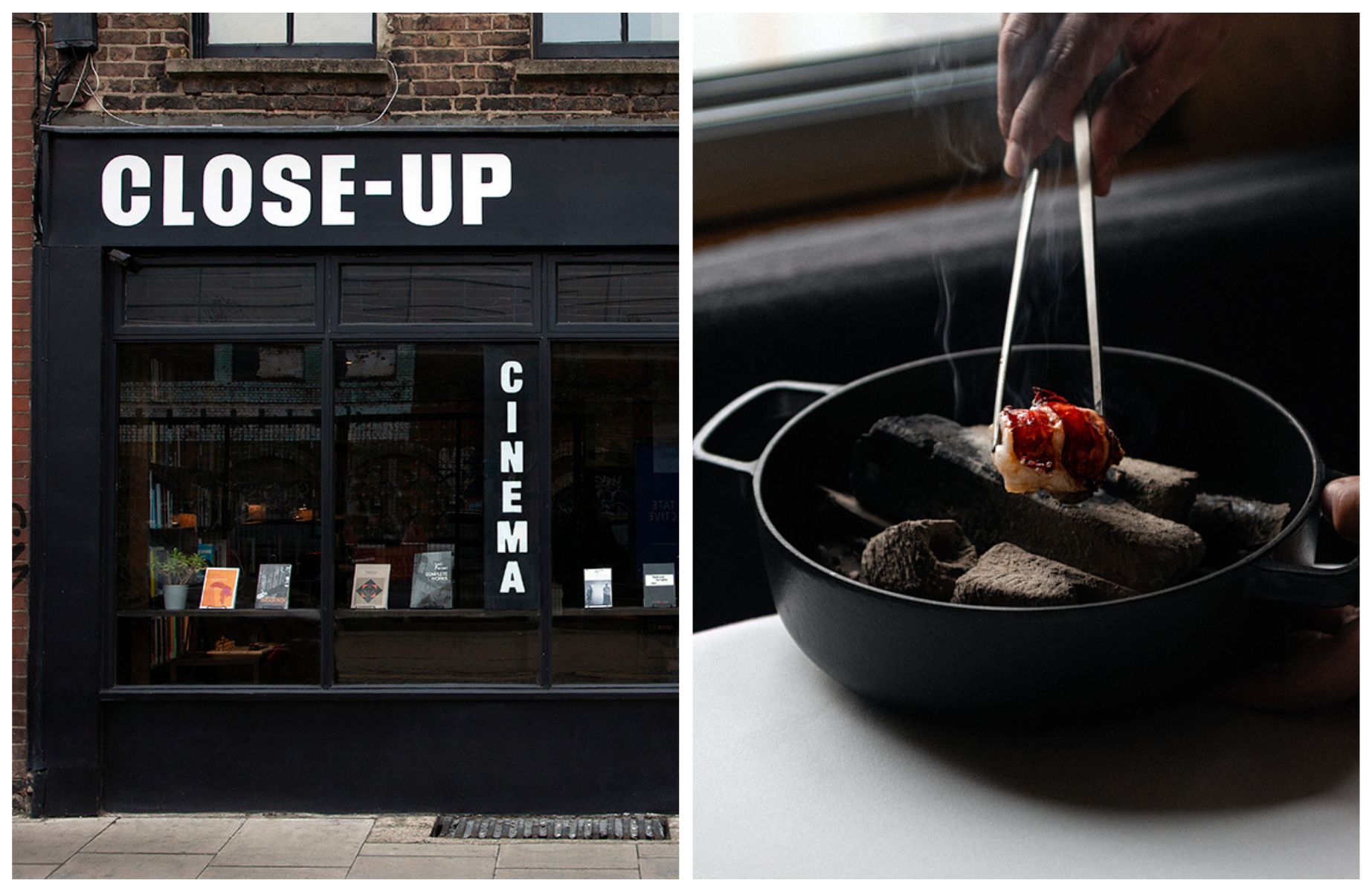 The black-painted Close-Up Cinema in Shoreditch and a dish being finished off at Cycene nearby. © Rania Sanville, © Rebecca Dickson/Cycene
