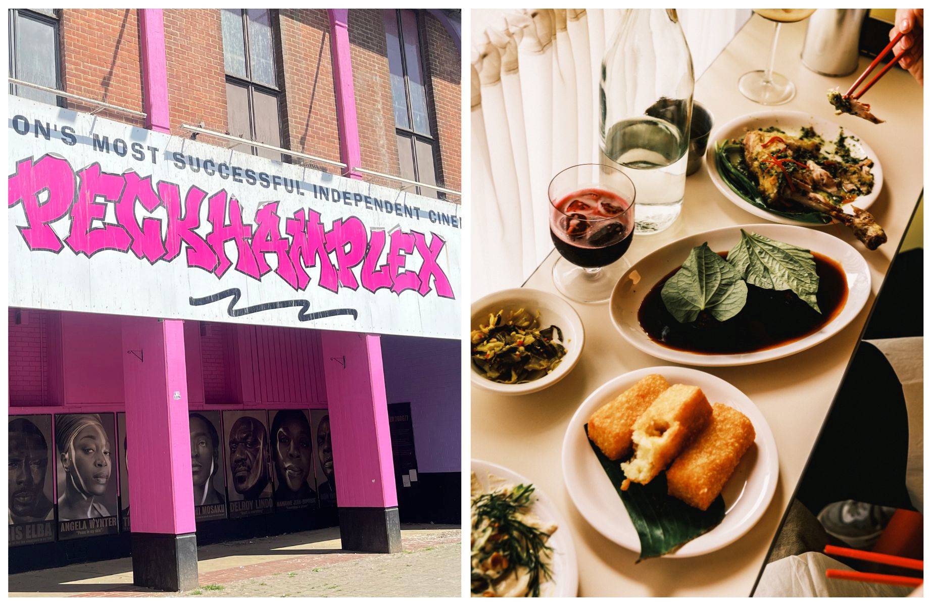 Peckhamplex's bright-pink exterior and a spread of Vietnamese dishes from Lai Rai nearby. © Peckhamplex, © Teo Della Torre/Lai Rai
