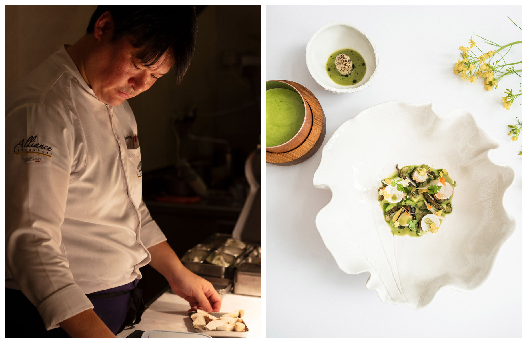 Chef Toshitaka Omiya from Alliance and a dish from Le Corot, located close to Versailles. © Aurélio Rodriguez/Alliance, © Chloé Artières/Le Corot