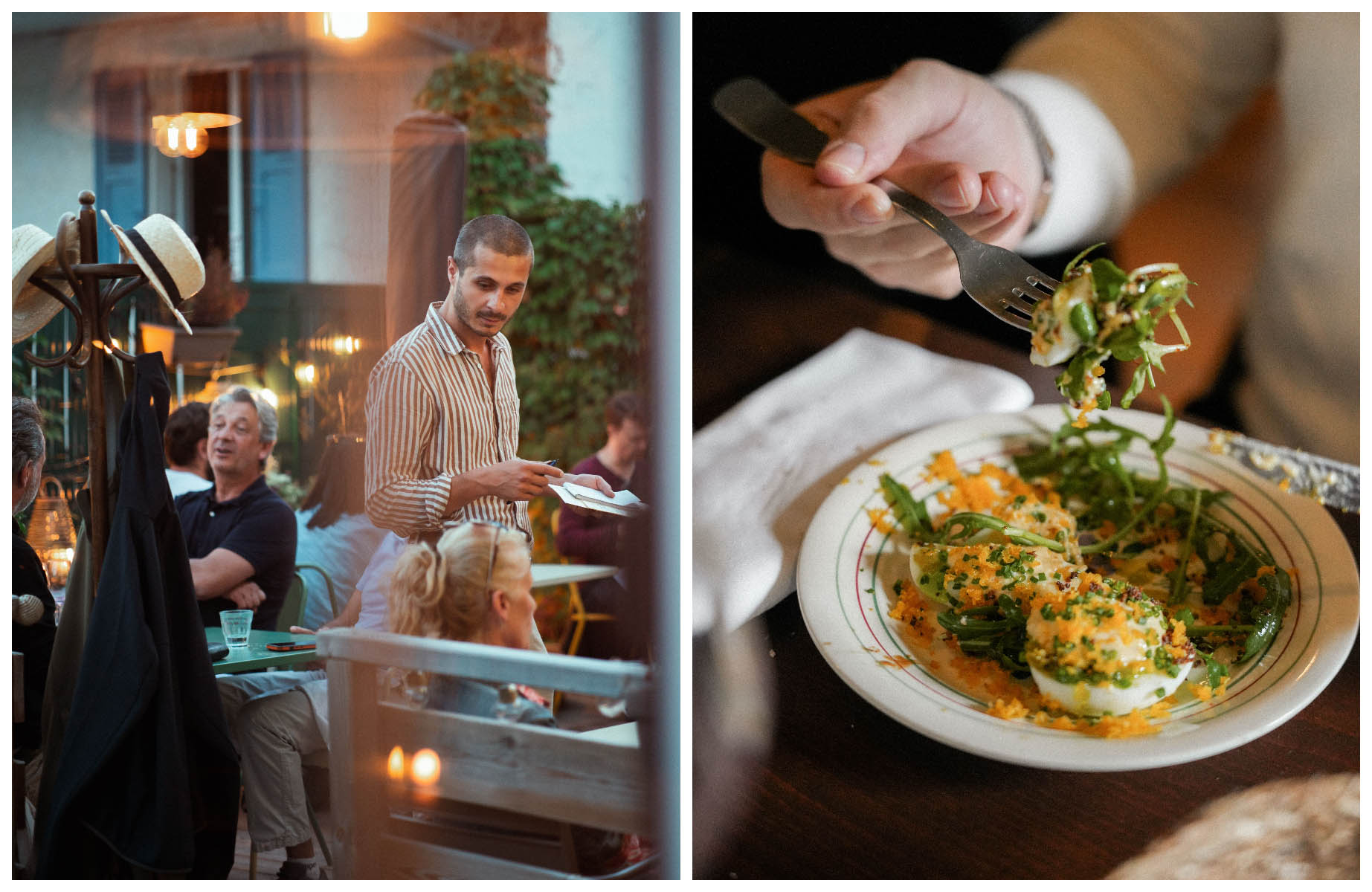 The terrace and a main course at Le Café de la Poste restaurant in France’s Savoie region. © Clément Sirieys/Le Café de la Poste, © Noémie Arnaud - Noépic/Le Café de la Poste