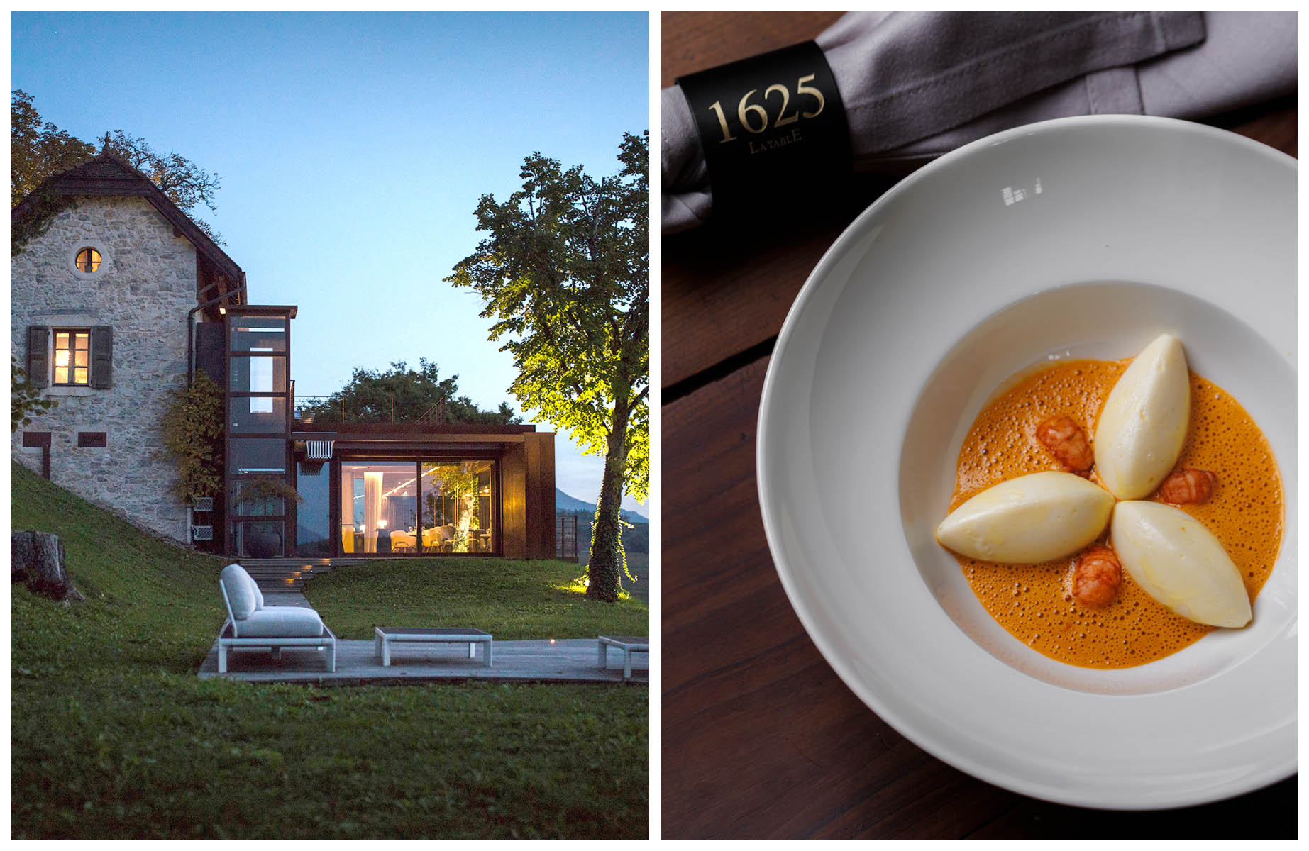 The exterior of Les Morainières restaurant, The MICHELIN Guide’s latest Three-Star restaurant in France, and a dish from La Table 1625. © Matthieu Cellard/Les Morainières, © Midmad/La Table 1625