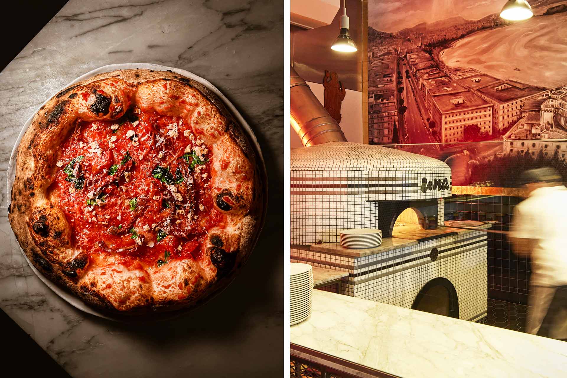 Pizza and oven. © Mako Barmon/Una Pizza Napoletana | © Mark Weinberg/Una Pizza Napoletana