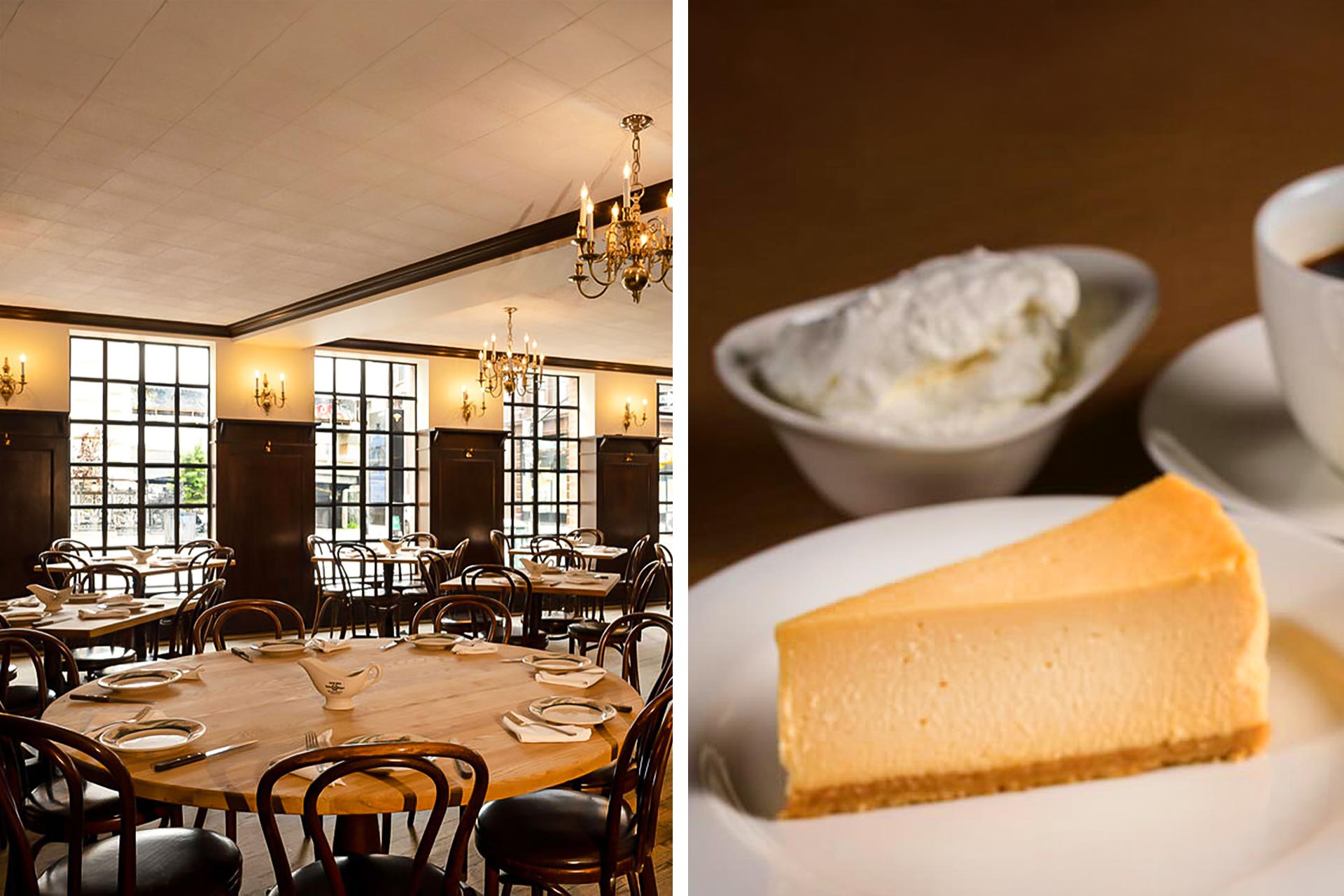Peter Luger's dining room; their famous cheesecake comes with a side of schlag. © Liz Clayman/Peter Luger | © Peter Luger