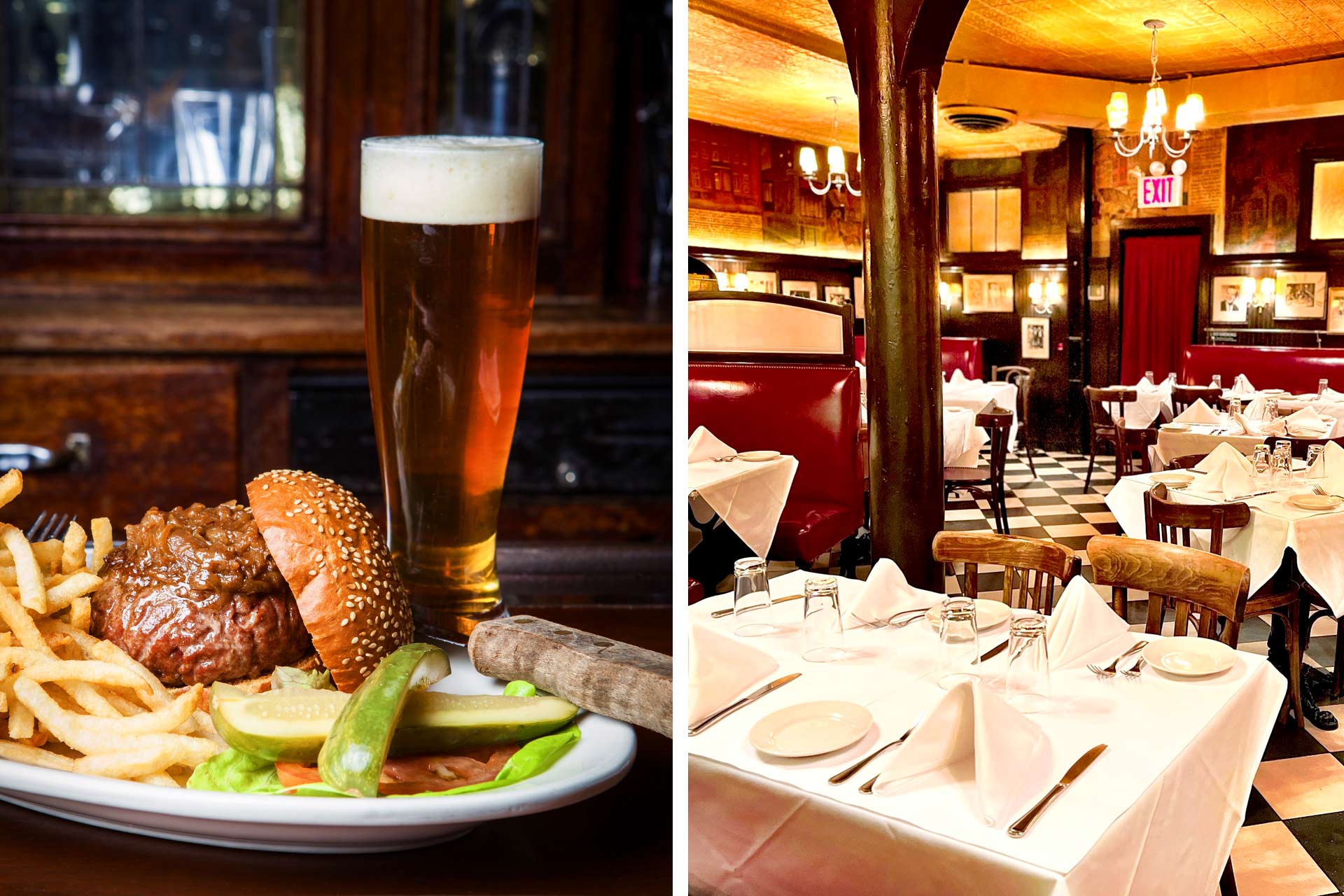 Minetta Tavern's classic burger; The dining room have an old New York feel. © Emilie Baltz/Minetta Tavern | © John Boy /Minetta Tavern