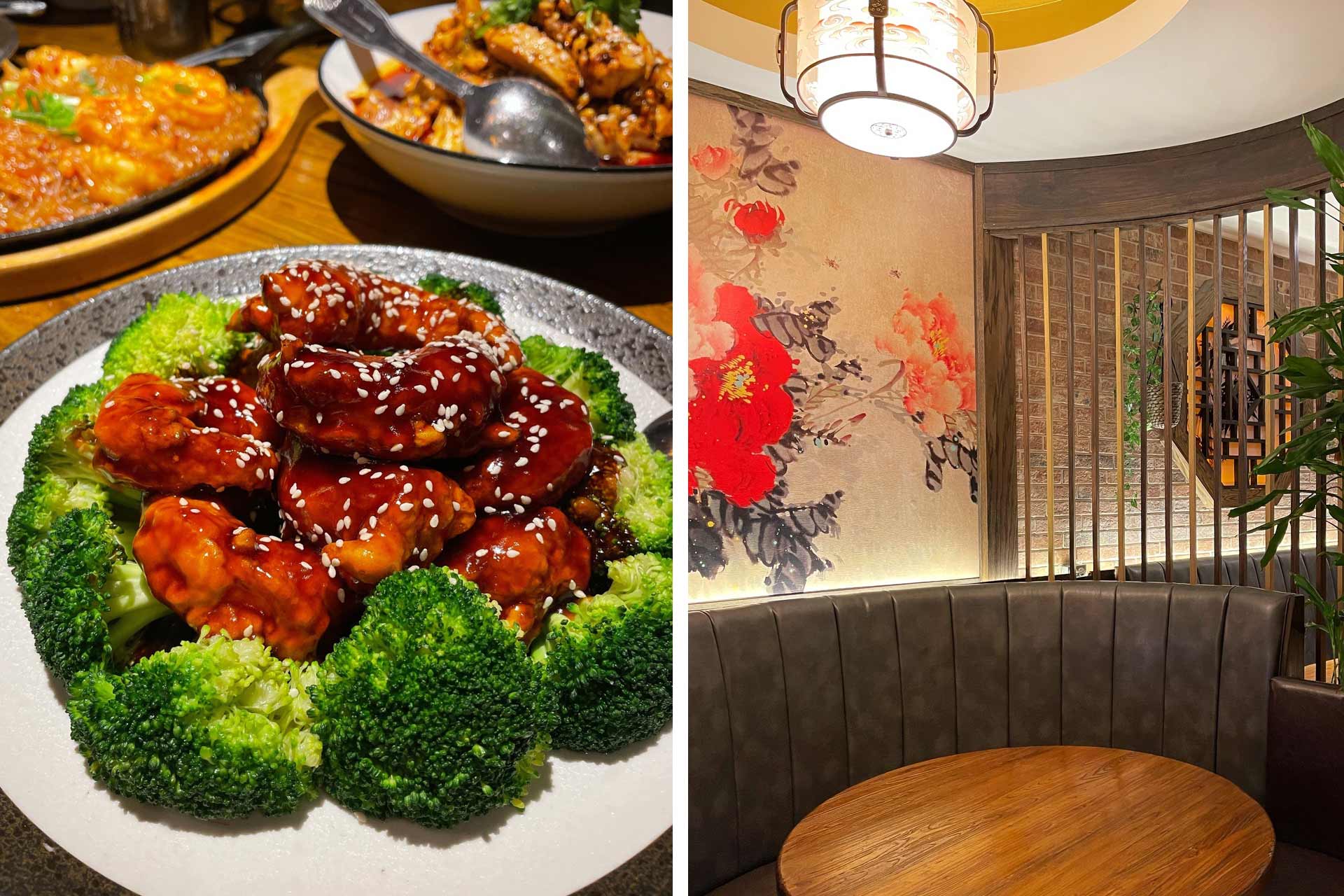 General Tso's chicken is a must order at Szechuan Kitchen; their dining room has a traditional ambience. © Szechuan Gourmet