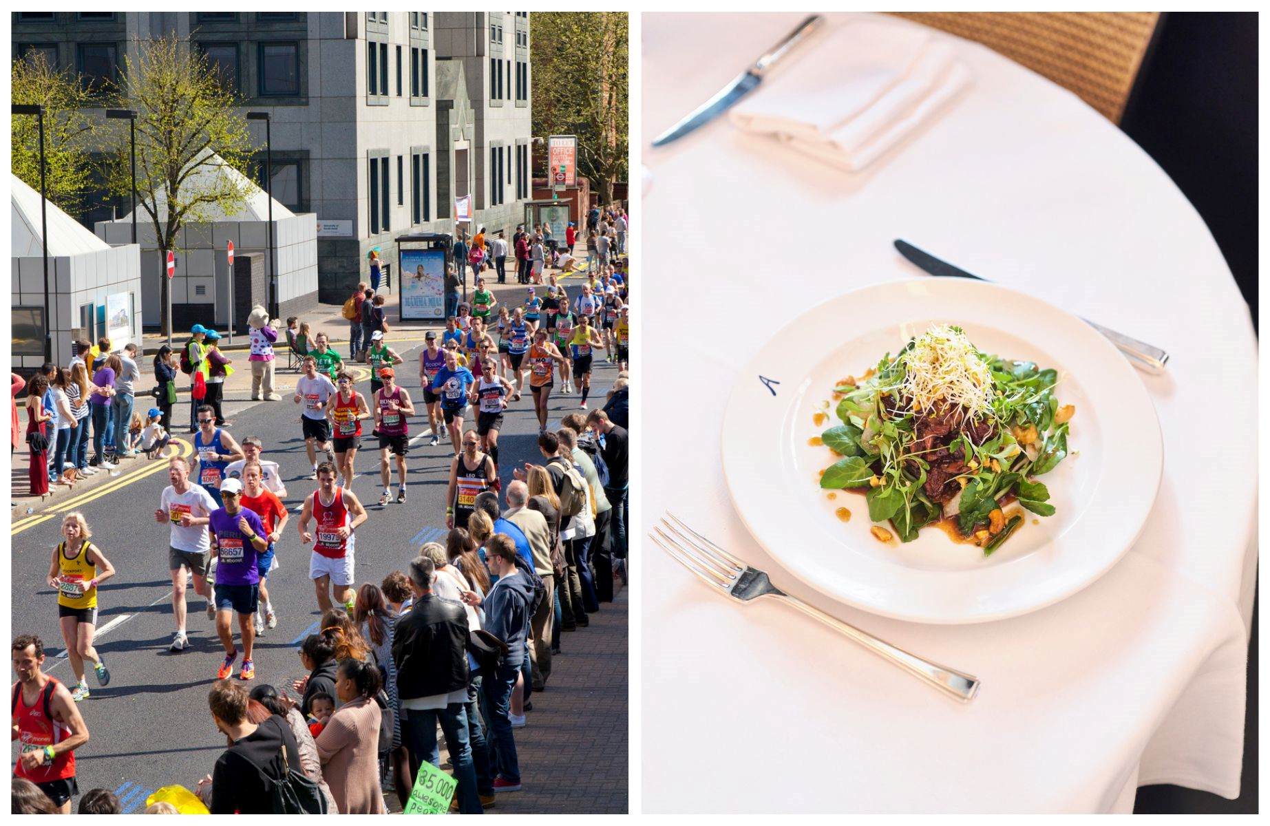 Runners completing the London Marathon and a verdant dish from Arlington, located near the end of the course. © IR_Stone/iStock, © David Loftus/Arlington