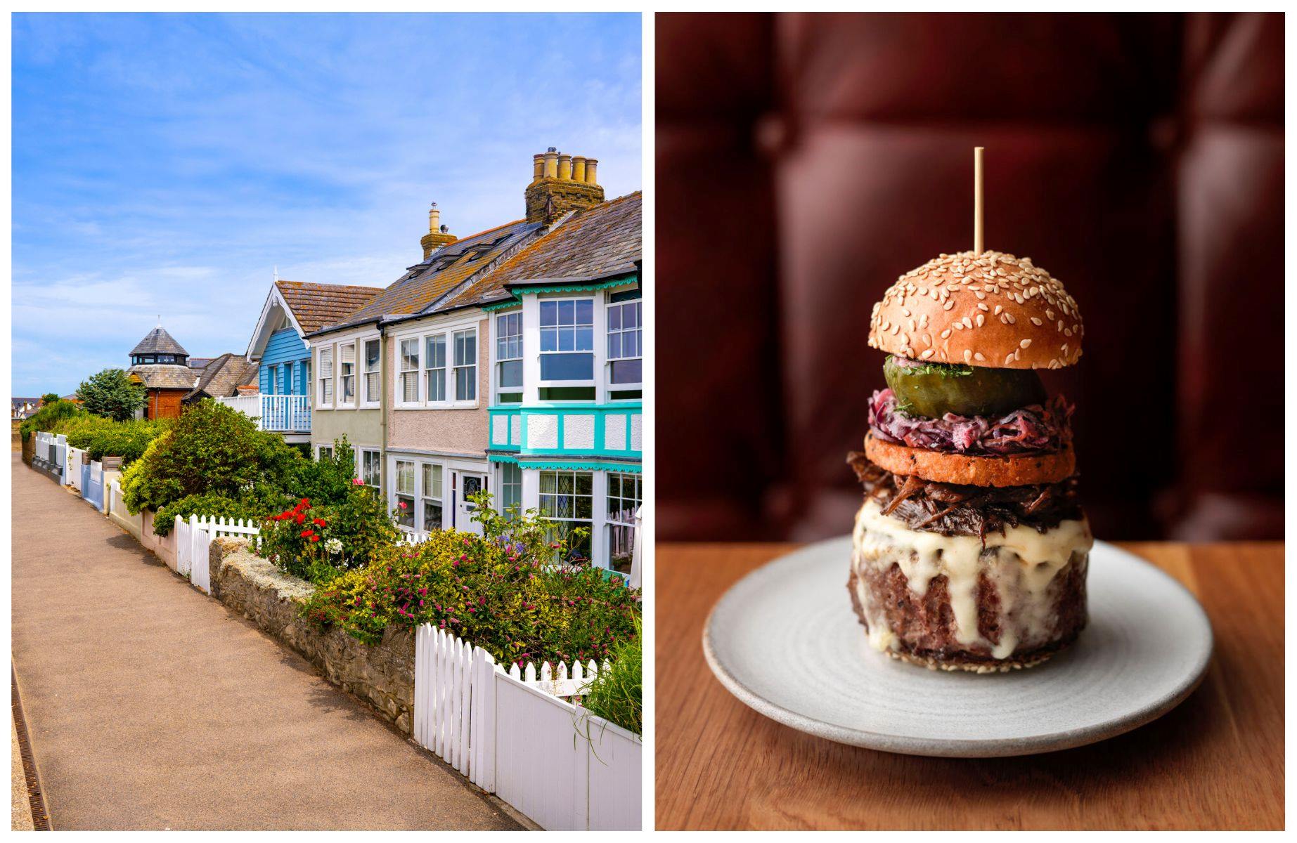 Houses overlooking Whitstable Beach in Kent and a burger from MICHELIN-Star pub The Coach in Marlow. © MEDITERRANEAN/iStock, © Cristian Barnett/The Coach