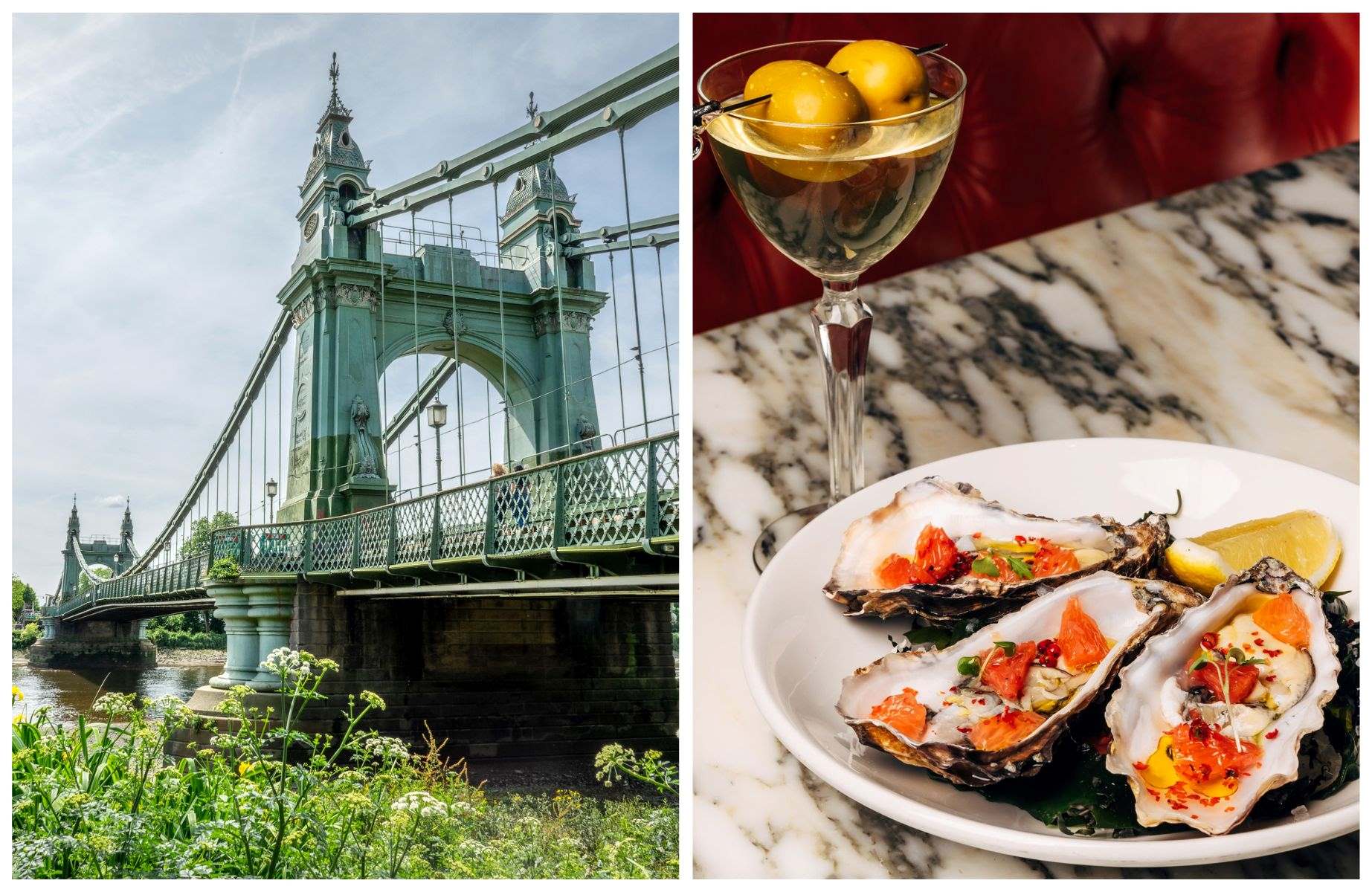Hammersmith Bridge, one of the key landmarks during The Boat Race, alongside cocktails and oysters from Sam's Riverside. © Delpixart/iStock, © Ryan O'Donoghue/Sam's Riverside