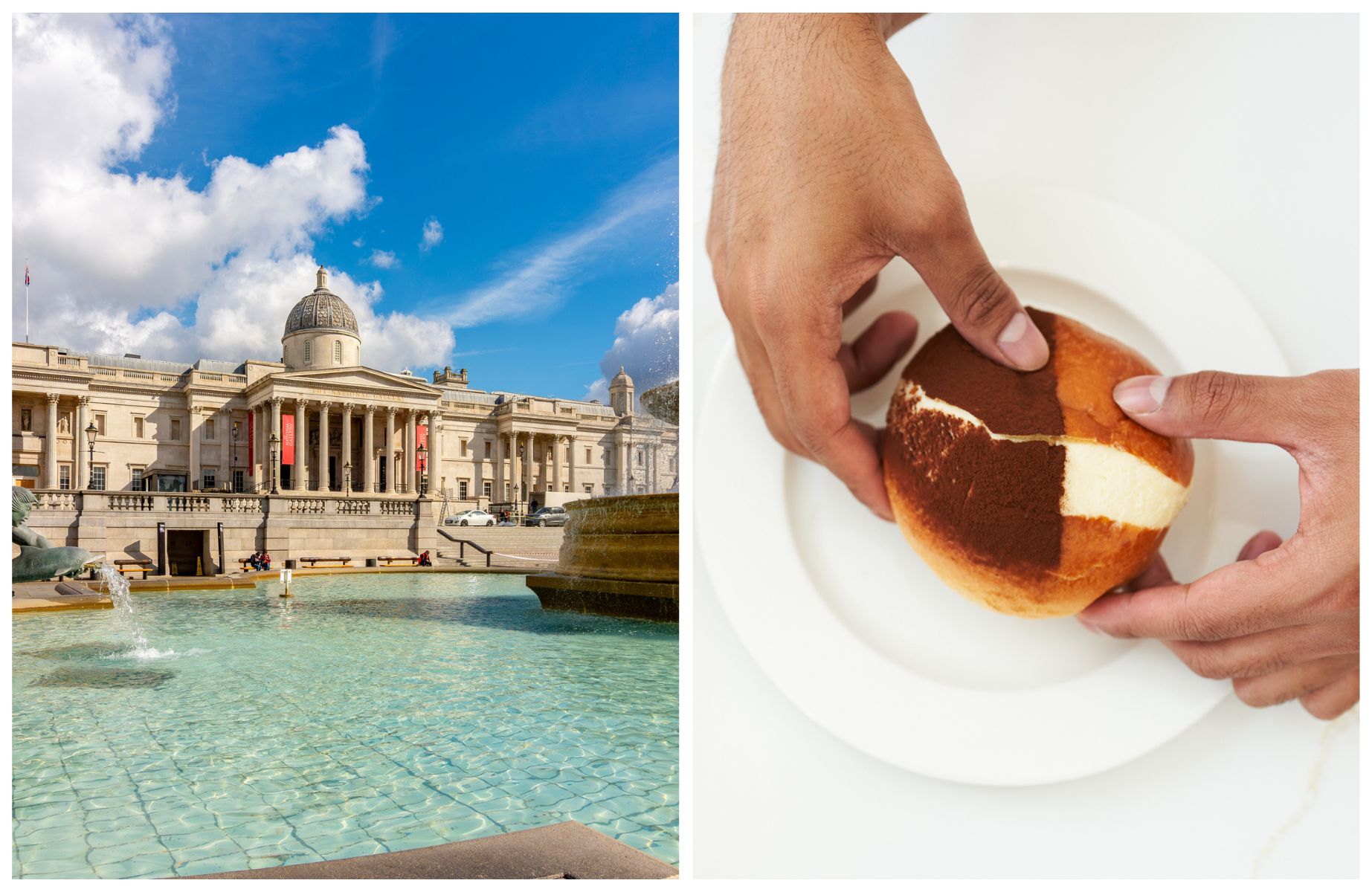 The National Gallery, a beautiful sight on a sunny London day, and maritozzi from Giorgio Locatelli's in-house restaurant. © JohnnyGreig/iStock, © Lisa Linder/Locatelli at the National Gallery