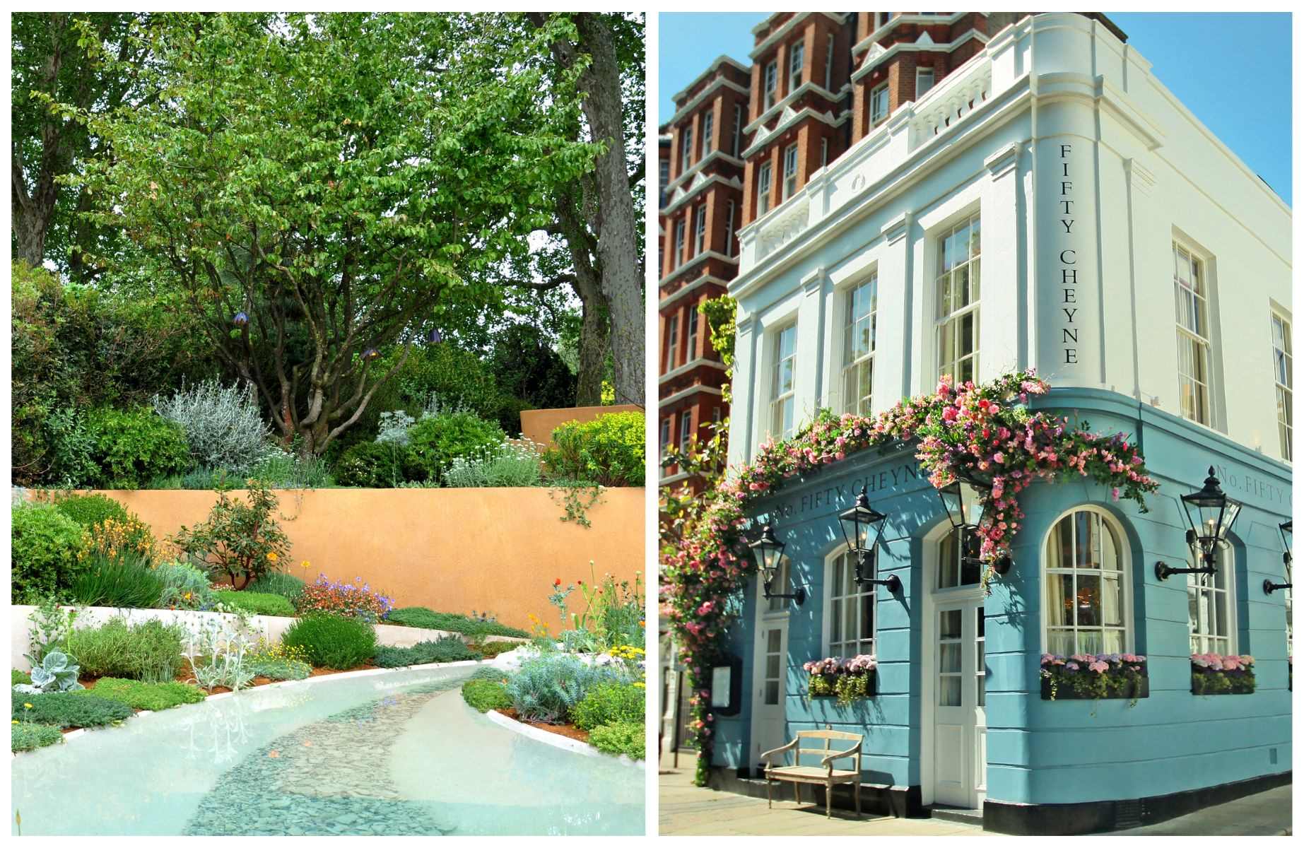 A beautifully designed garden at the RHS Chelsea Flower Show and the floral entrance to No. Fifty Cheyne. © Keith Lance/iStock, © No. Fifty Cheyne
