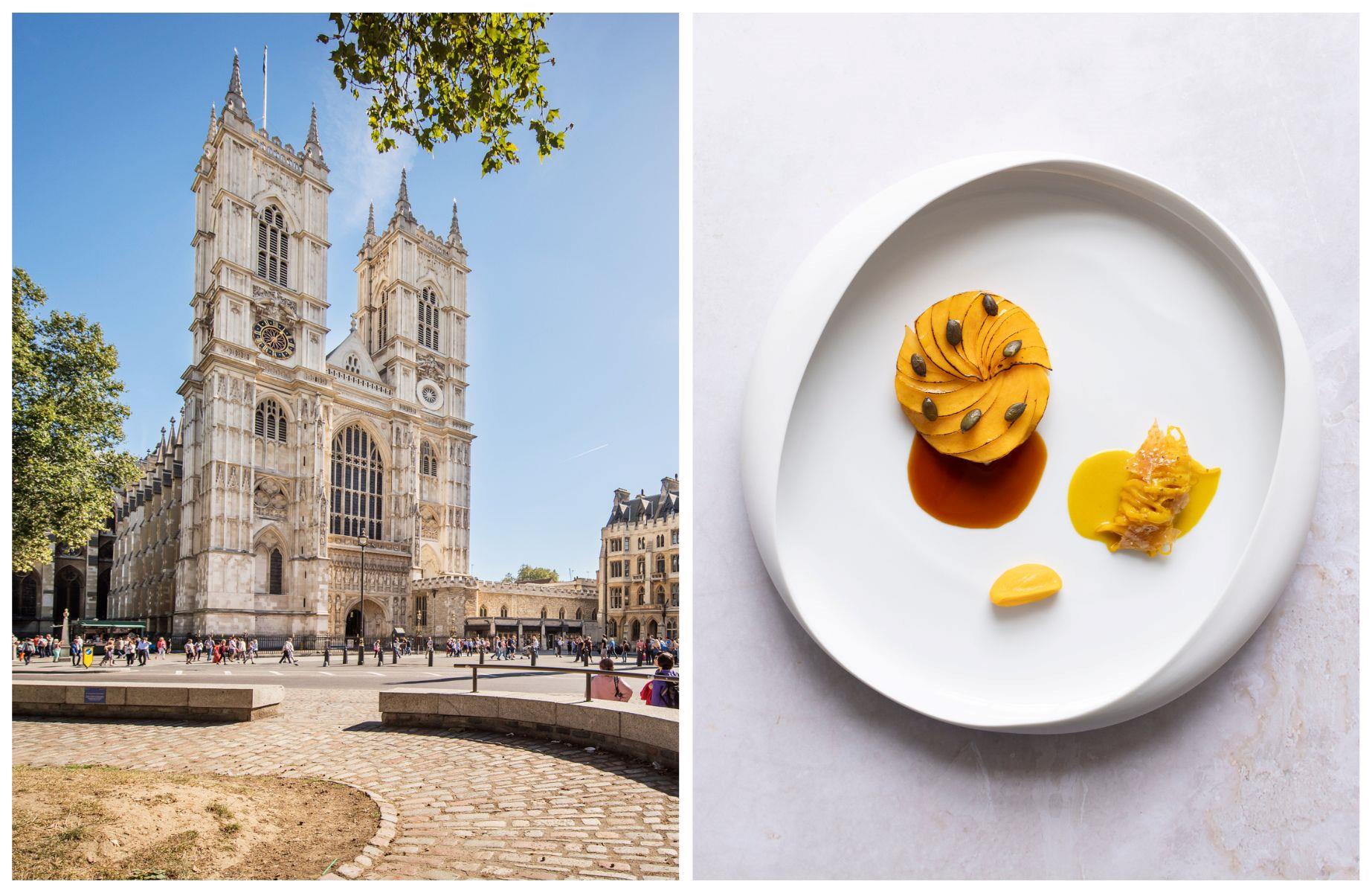The imposing Wesminster Abbey and a vegetable-led dish from Mauro Colagreco's nearby restaurant. © taikrixel/iStock, © Matteo Carassale/Mauro Colagreco at Raffles London at The OWO