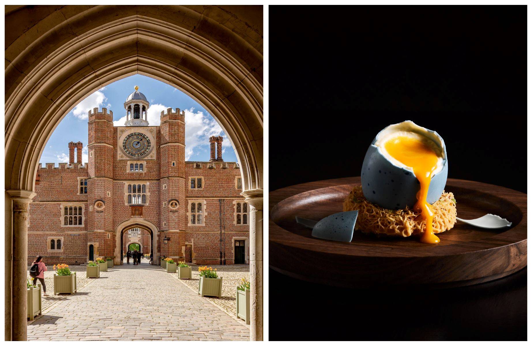 Hampton Court Palace, where an annual Easter egg hunt is held, and Heston Blumenthal's take on 'Eggs in Verjuice'. © Elena Zolotova/iStock, © Southworks Creative/Dinner by Heston Blumenthal
