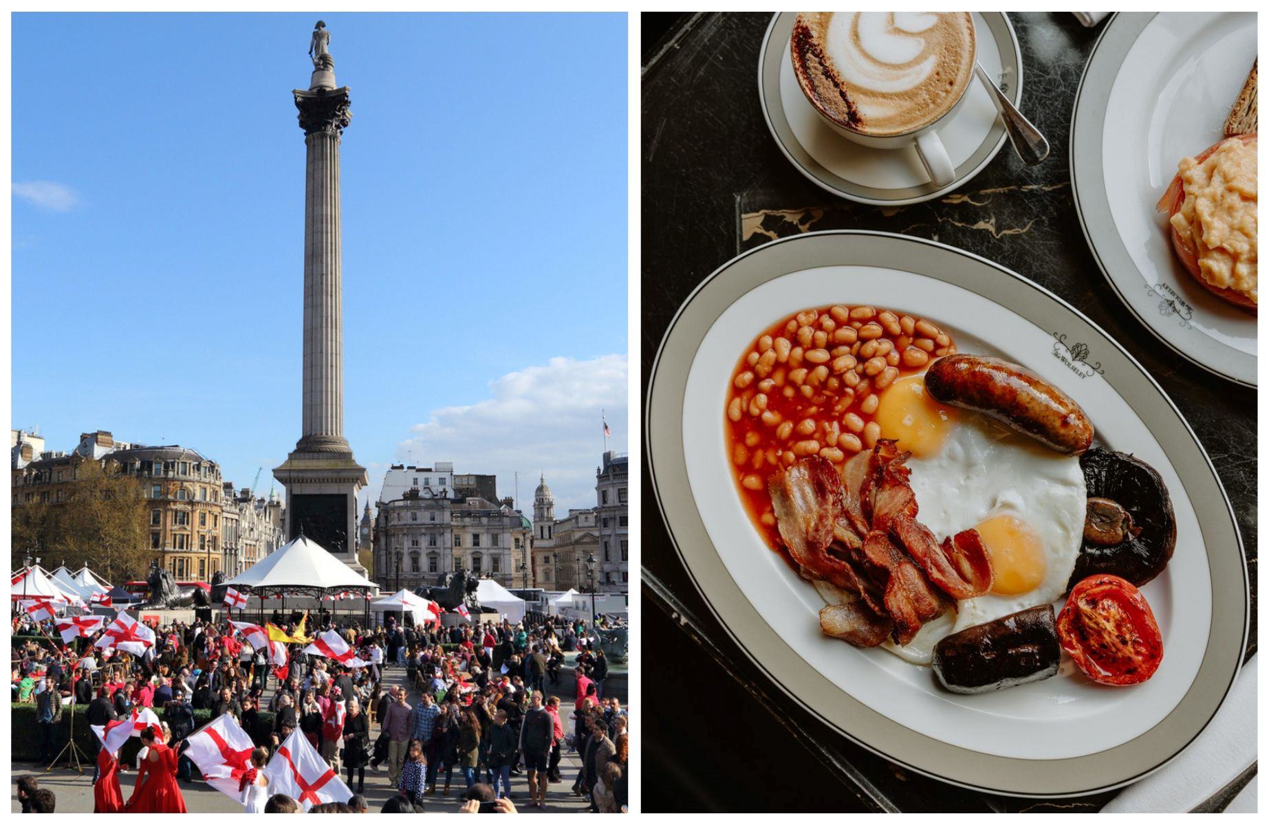 People celebrating St George's Day in Trafalgar Square and a full English breakfast from The Wolseley. © tupungato/iStock, © Joanna Yee/The Wolseley
