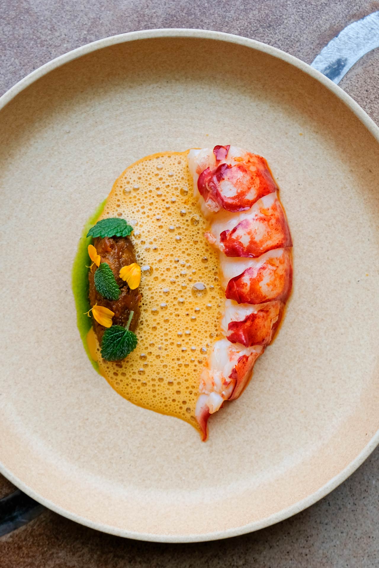 Mahone Bay Lobster Tail with Tangerine Gem Marigold, Lemon Balm, False Cardamom Ginger Oil © Alex Creglia