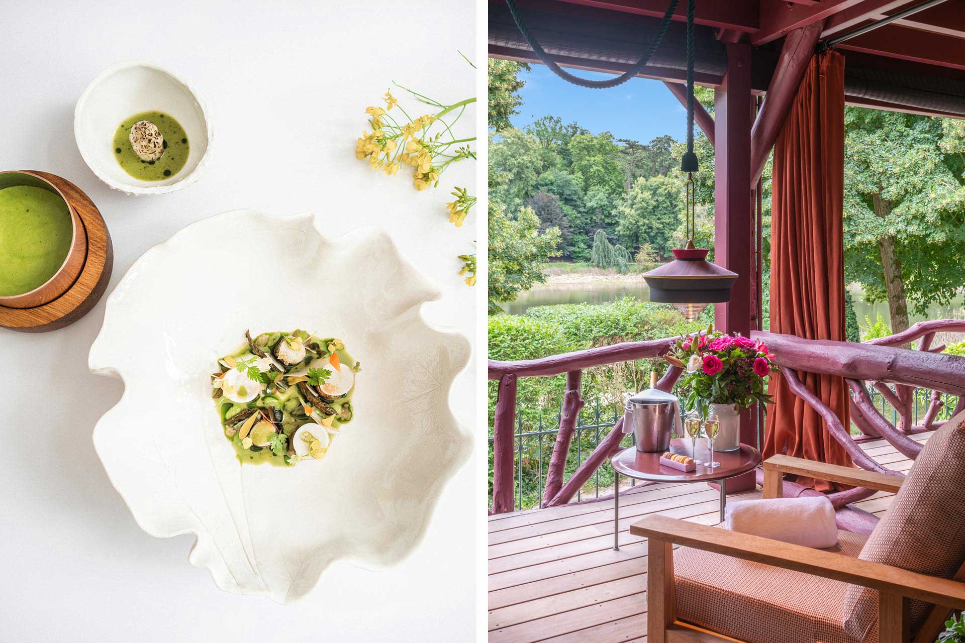 A selection of vegetable-forward dishes from Chef Rémi Chambard, and a private bath area at the associated hotel, Les Étangs de Corot. © Chloé Artières/Le Corot, © Les Étangs de Corot
