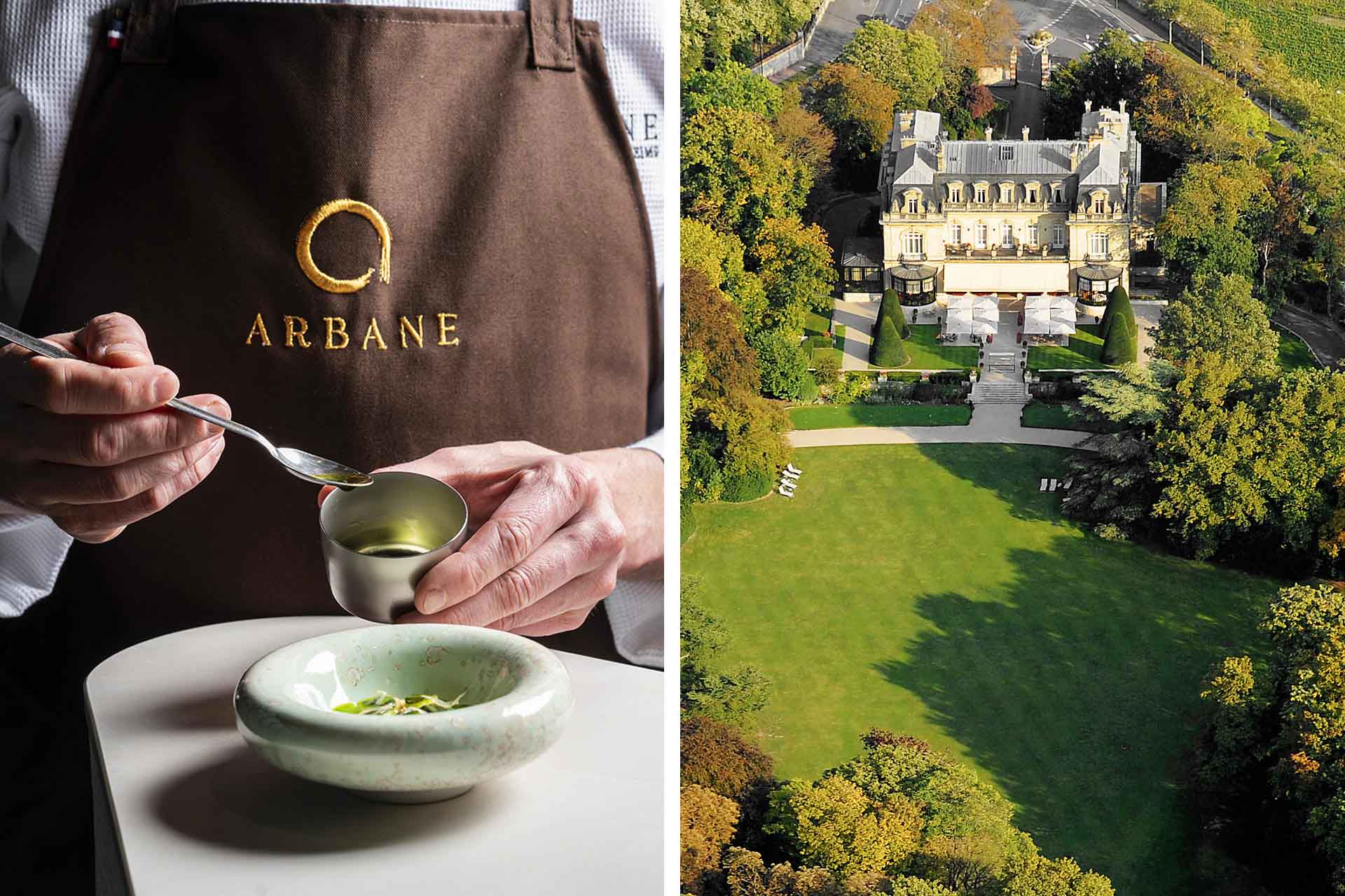 An oil is prepared at the Two-Star Arbane, and a look at the abundant, sculpted parkland at Three-Key Domaine les Crayères. © Anne-Emmanuelle Thion/Arbane, © Domaine les Crayères