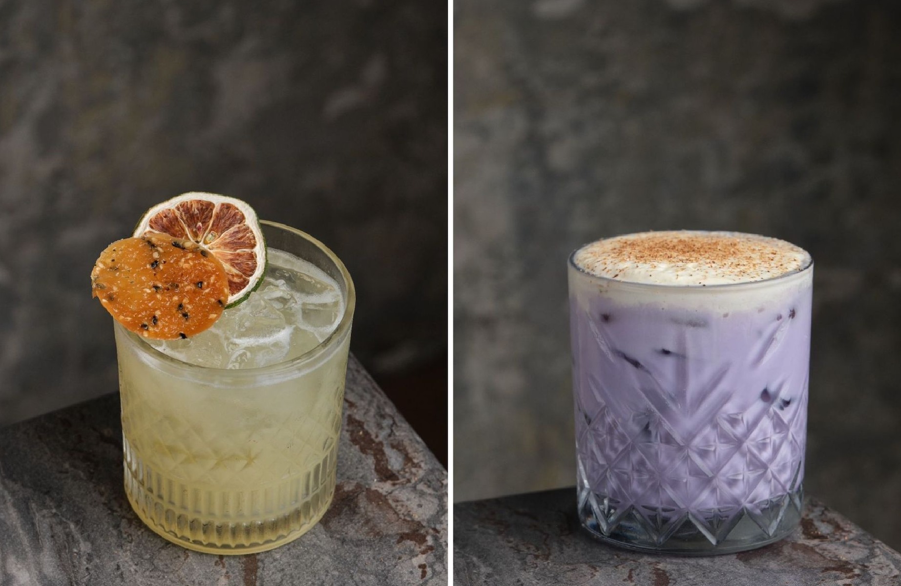The Temple Run and Ubeybi Baby cocktails at Bib Gourmand Lampara. © Lampara