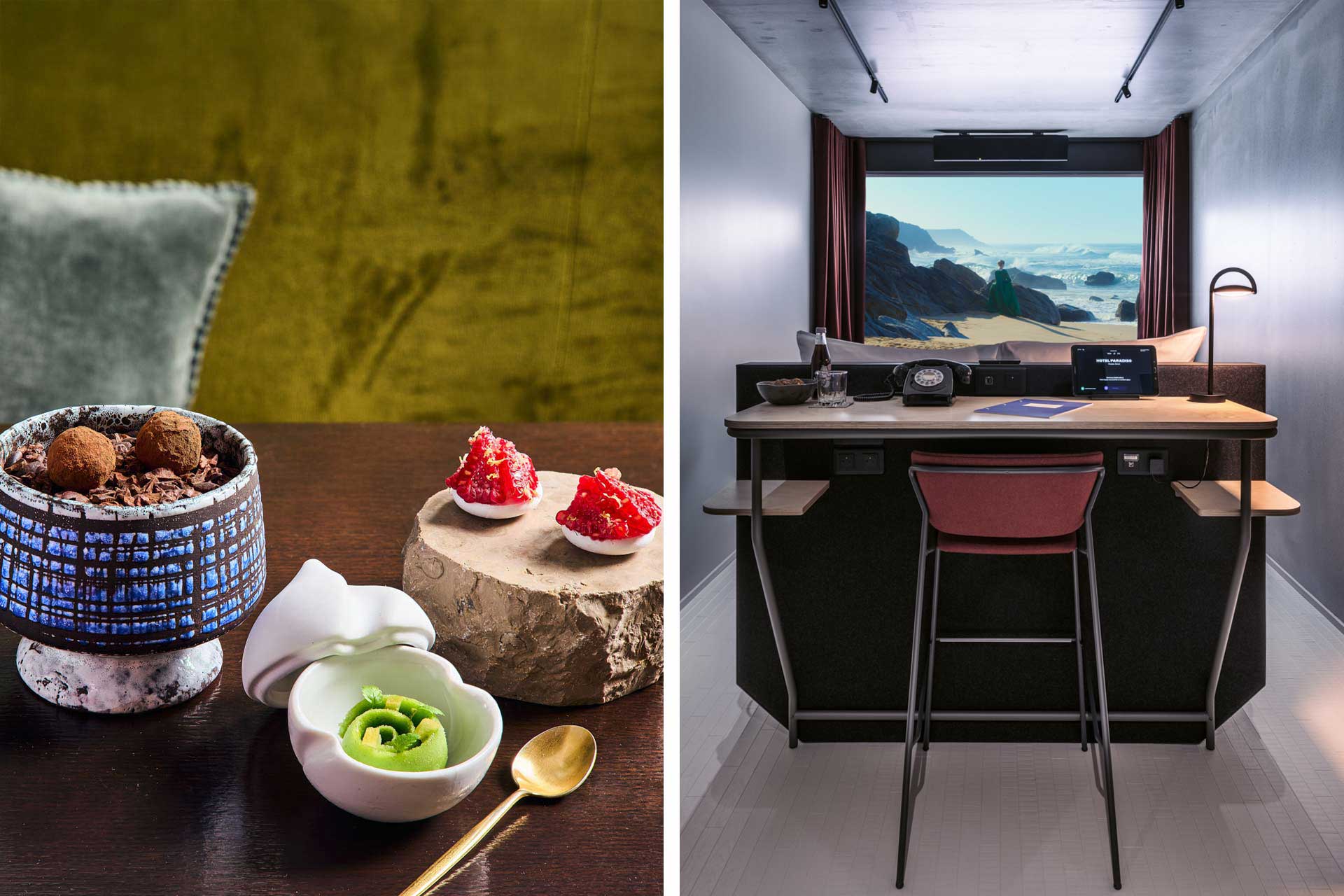 A selection of desserts at Two-Star Virtu and an in-room movie at Hotel Paradiso. © Anne Bergeron/Virtus, © Hotel Paradiso