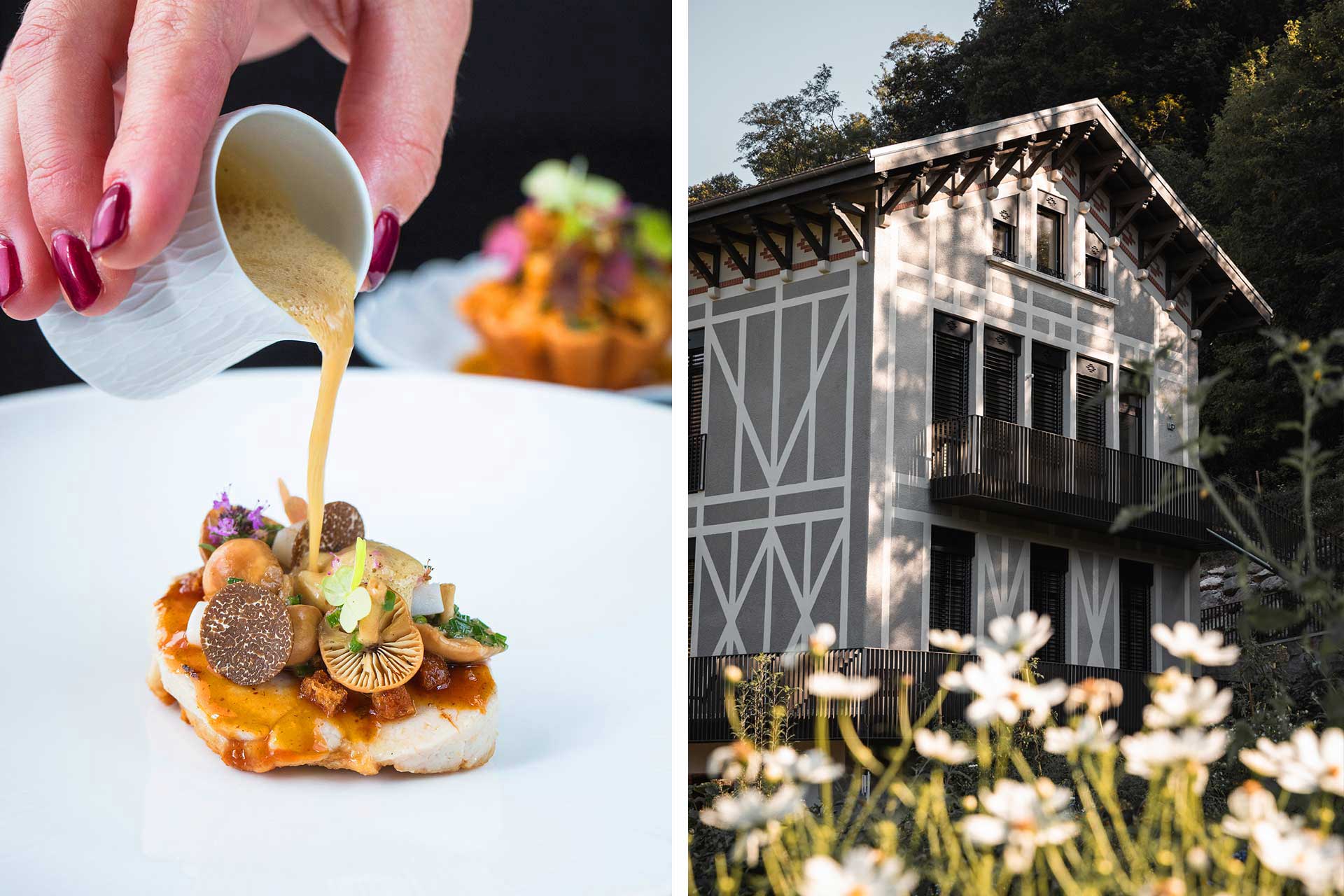 A dish from the newest Three-Key restaurant in France, Les Morainières, and Maison Aribert, a five-room chalet worth the detour in a region nearby. © Matthieu Cellard/Les Morainières, © Maison Aribert