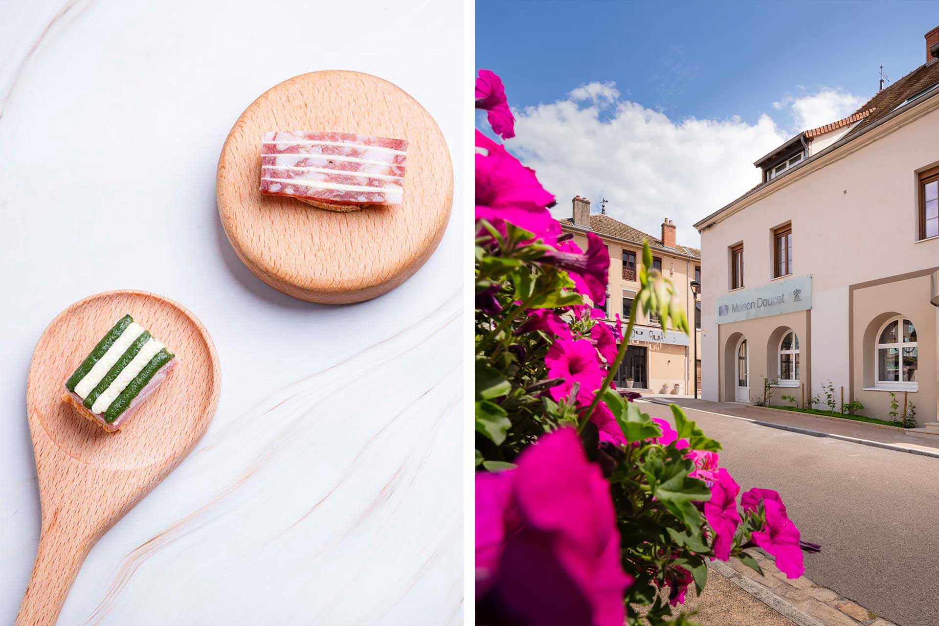 Elegant plating at Two-Star Frédéric Doucet and a glimpse of the hotel and restaurant exterior in the village of Charolles. © Sarah Morvan/Frédéric Doucet, © Maison Doucet