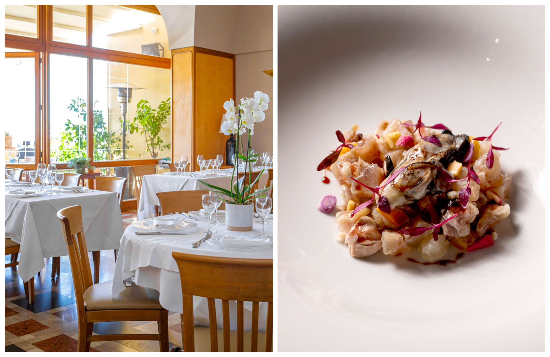 Inside the light-filled Cacciani restaurant and a fish starte ConTatto restaurant in Frascati, a short train ride from Rome. © Cacciani, © Chiara Schiaratura/ConTatto