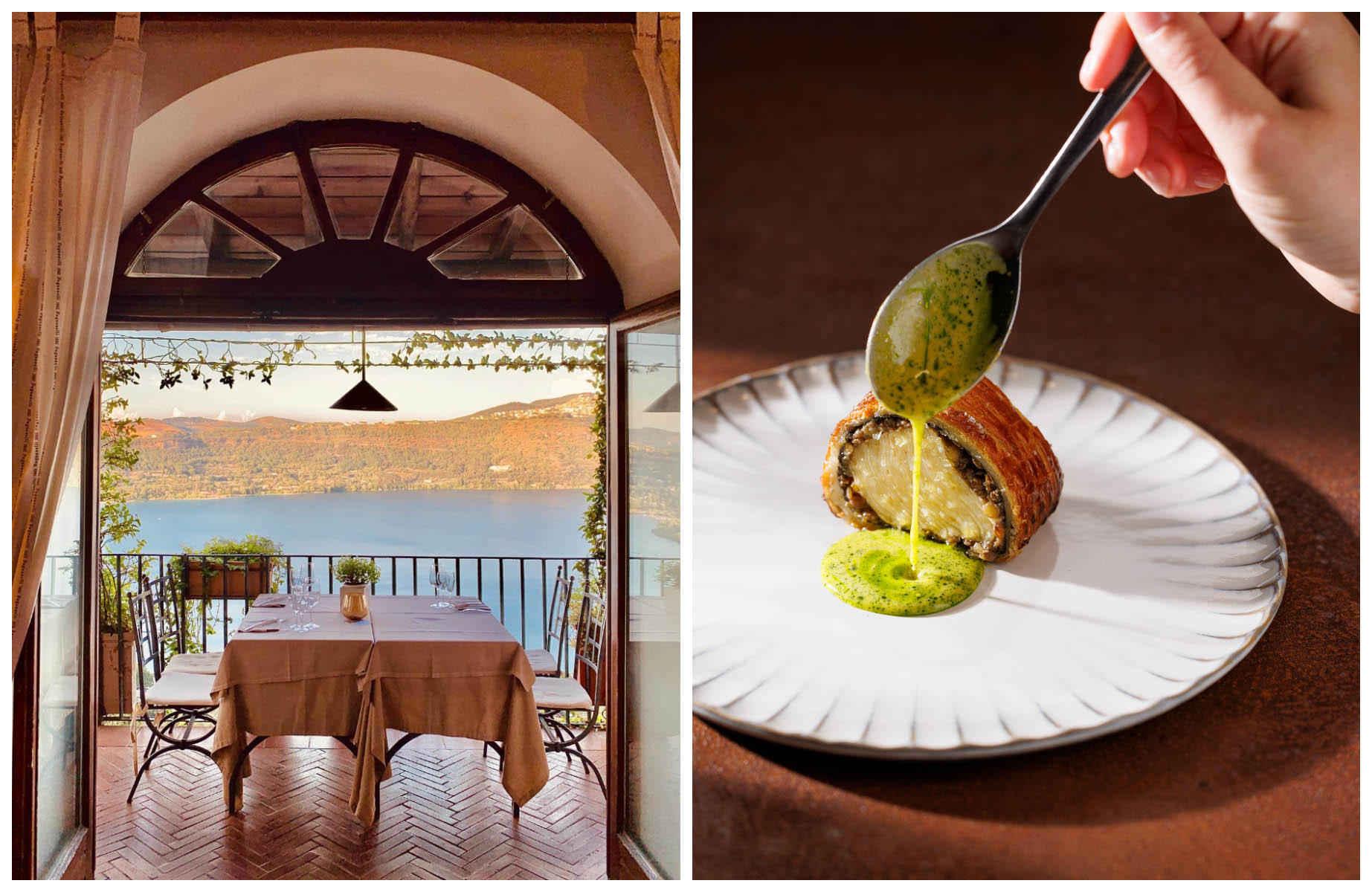The view of Lake Albano from Antico Ristorante Pagnanelli, and the rather sophisticated cuisine at Sintesi in Castel Gandolfo, close to Rome. © ossiann/Instagram, Andrea Di Lorenzo/Sintesi