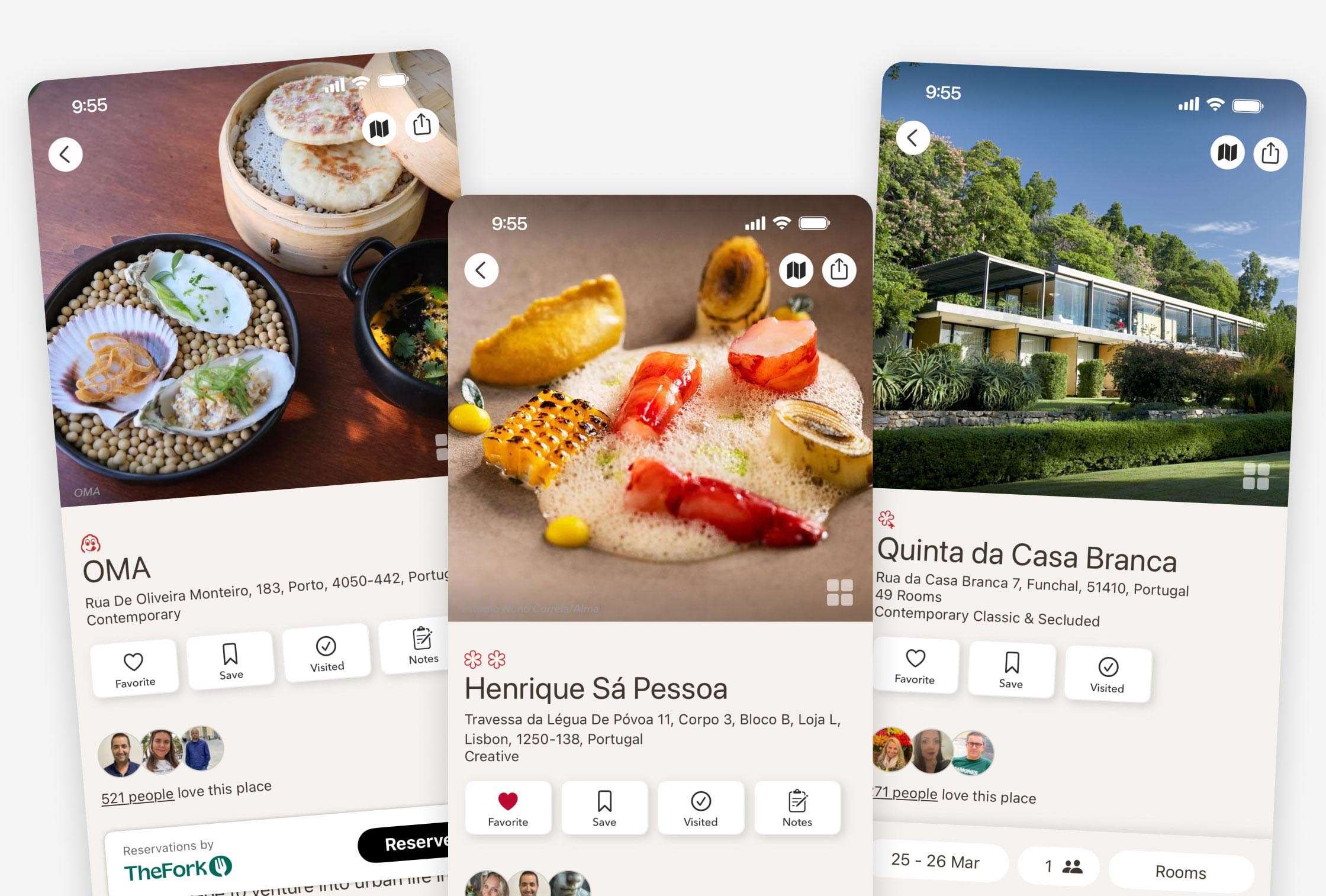 A aplicação do Guia MICHELIN reúne uma série de funcionalidades para o ajudar a descobrir restaurantes nas proximidades, guardar os seus favoritos, partilhar as suas opiniões e reservar hotéis. © Guia MICHELIN