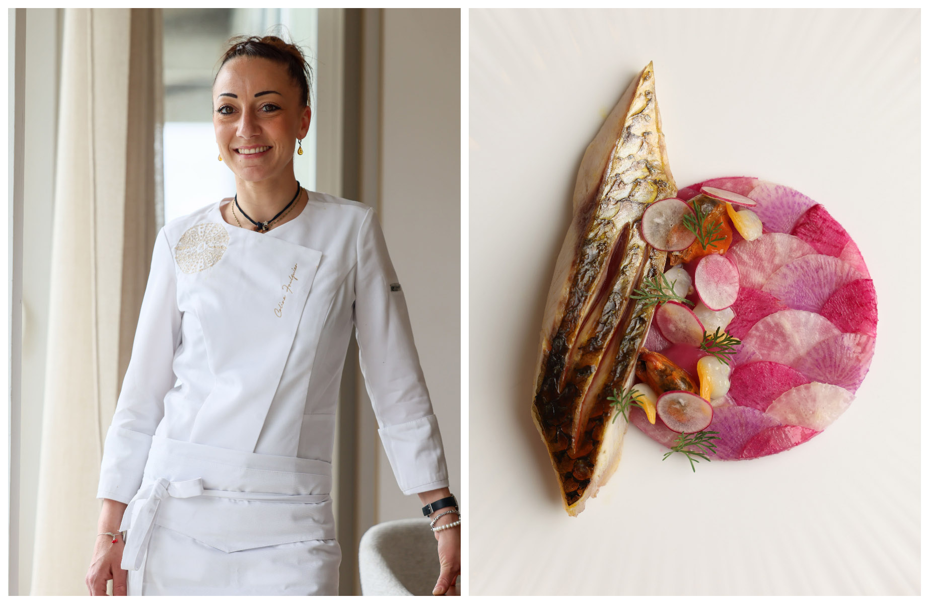 Coline Faulqiuer, la cheffe du restaurant Auffo (Marseille) et un de ses plats signatures . © Maki MANOUKIAN/Auffo