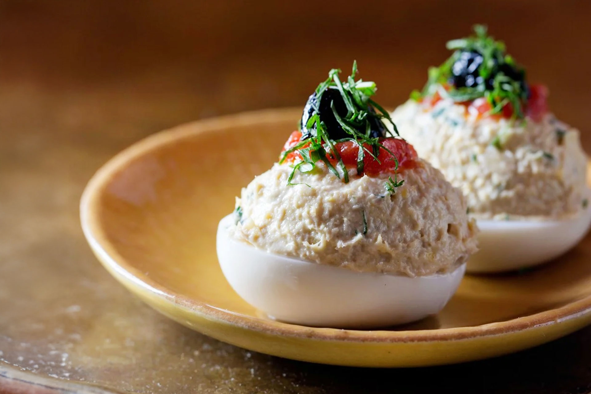Northern Spain-inspired deviled eggs at Oleana include poached tuna. © Kristin Teig/Oleana