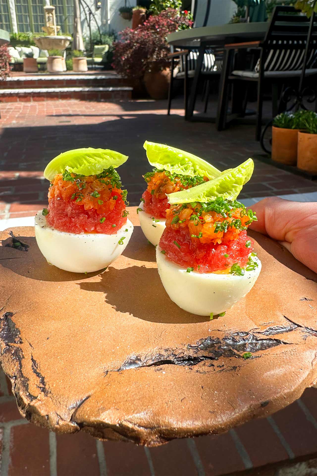 Chef Cogley's take on deviled eggs includes diced tuna. © Justin Cogley/Aubergine
