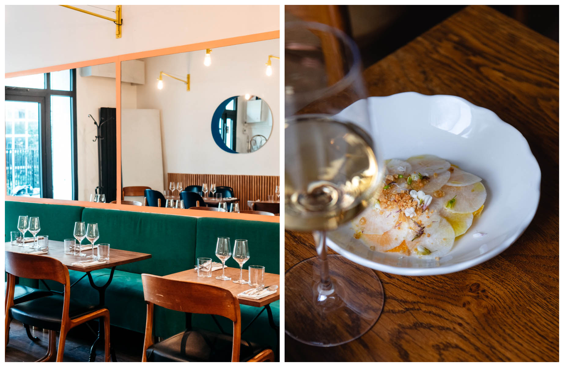 Intérieur et plat du restaurant Ourea. © Maïté Baldi/MICHELIN Guide, © Caroline Dutrey/Ourea