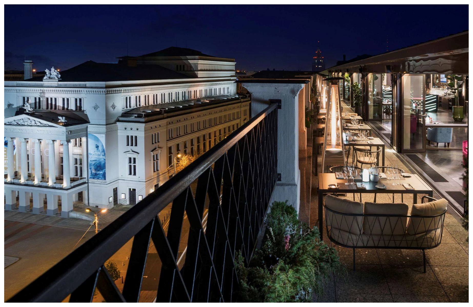 The stunning rooftop terrace of the Grand Hotel Kempinski, which looks out towards the National Opera House. © Grand Hotel Kempinski Riga