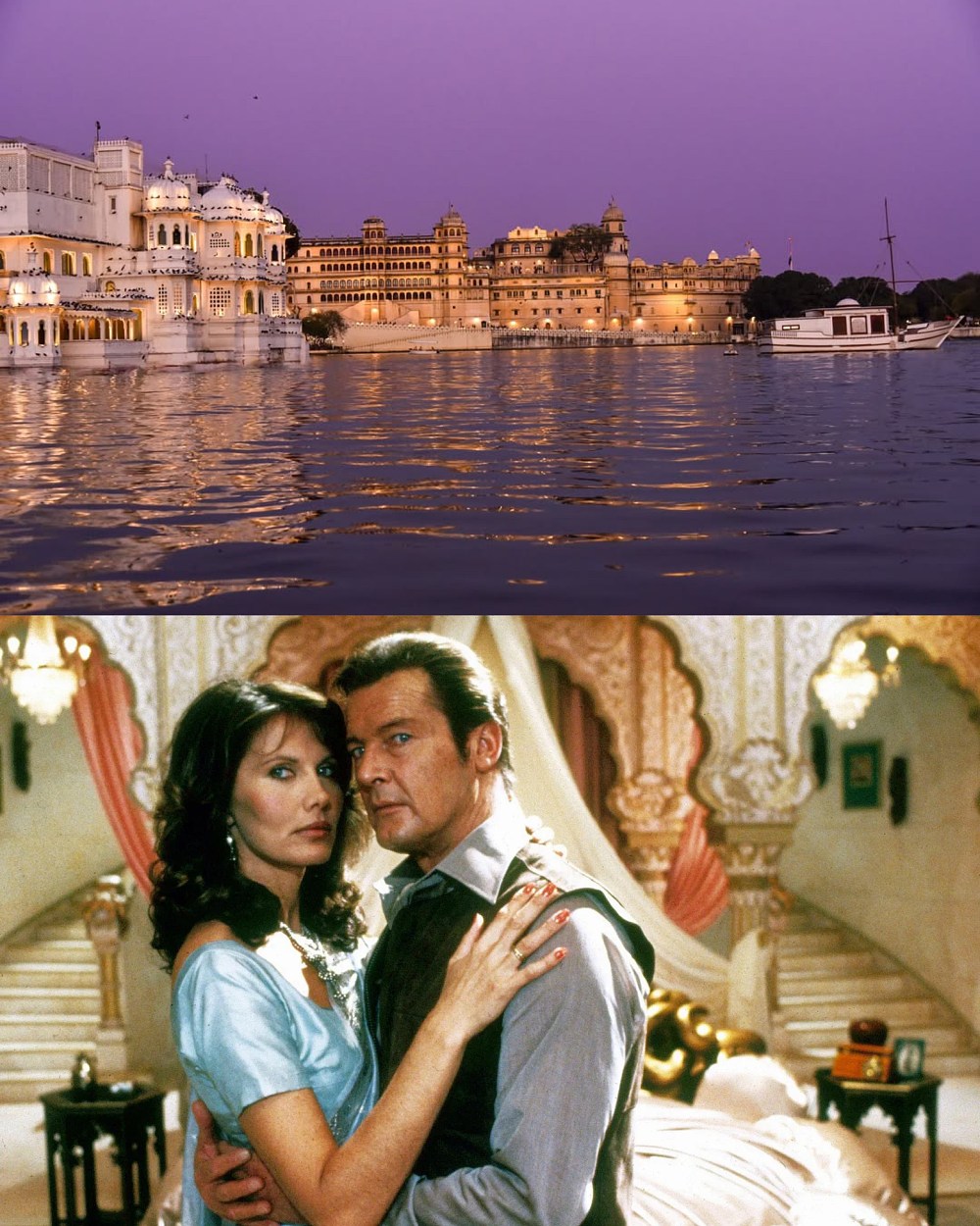 A 65-room, 18-suite palace on Lake Pichola, reached only by boat, where Maud Adams and Roger Moore filmed Octopussy (1983). © Taj Lake Palace, PictureLux/The Hollywood Archive/Alamy Stock Photo