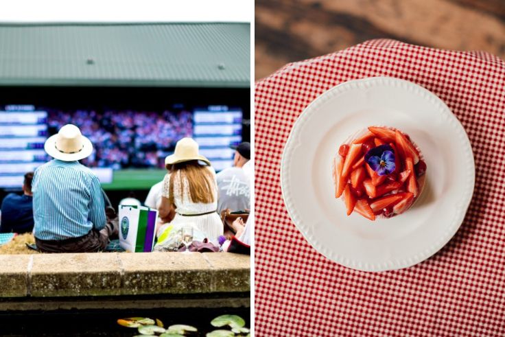 People watching the tennis unfold at Wimbledon, plus a strawberry-based dessert from Silver Birch. © coldsnowstorm/iStock (L), Clelia Stevenard (Image Studio)/Paulette (R)