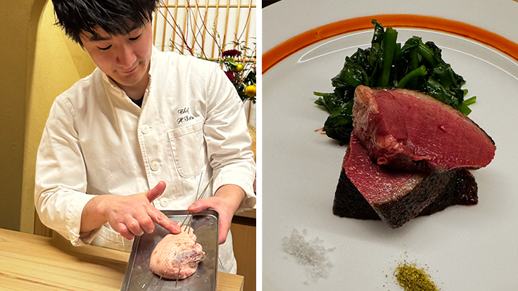 Sato spent six months training at a French restaurant in Tokyo to master techniques such as skewering meat — such as this wild duck with charcoal-grilled watercress — so as not to lose any juices, and judging doneness by touch alone. (© Hyakuyaku by Tokuyamazushi)。(© Kyoko Nakayama)
