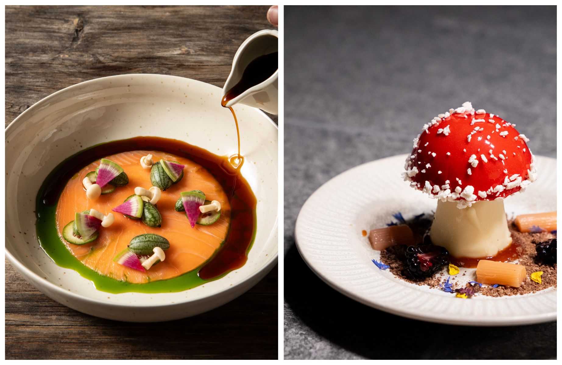 Playful dishes from Sampa, including the signature 'toadstool' dessert. © James Byrne/Sampa, © Hungry Cookie/Sampa
