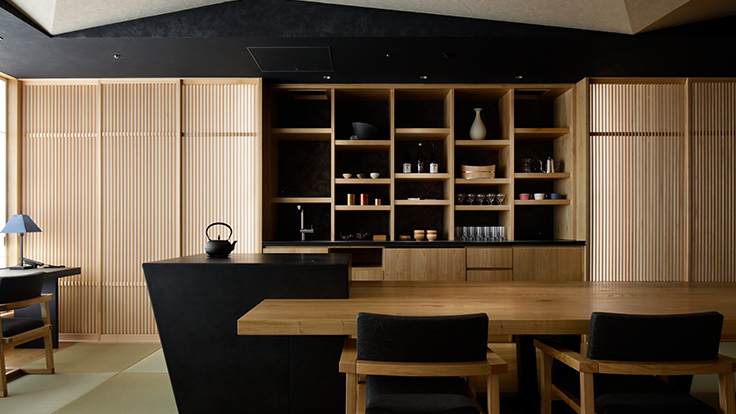 Much of the interior is laid with tatami, and each floor offers the Ochanoma Lounge — a traditional Japanese sitting room — available exclusively to guests.  © Hoshinoya Tokyo