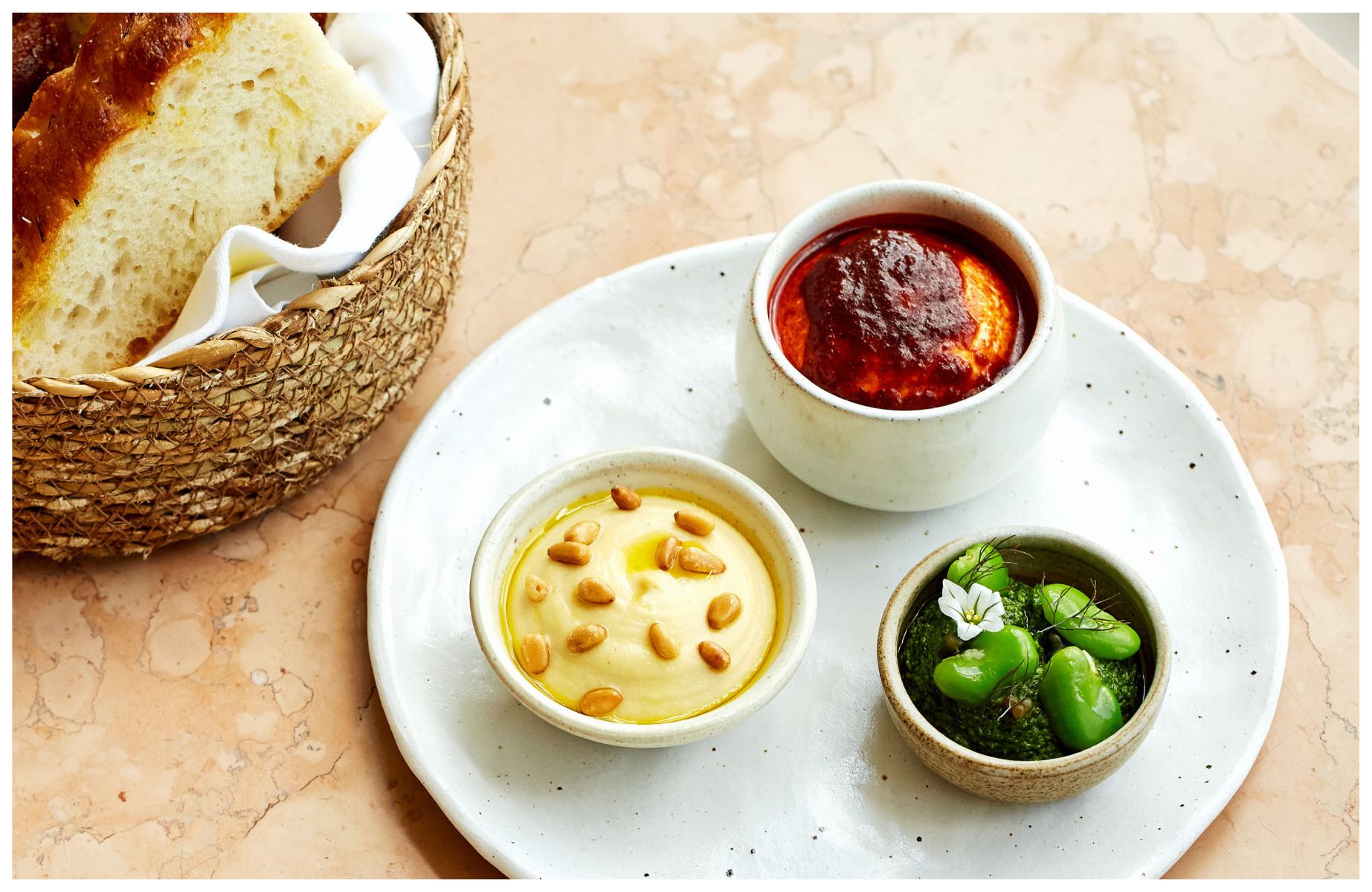 The excellent bread and dips from Margaret's in Cambridge. © Matt Hague/Maragaret's
