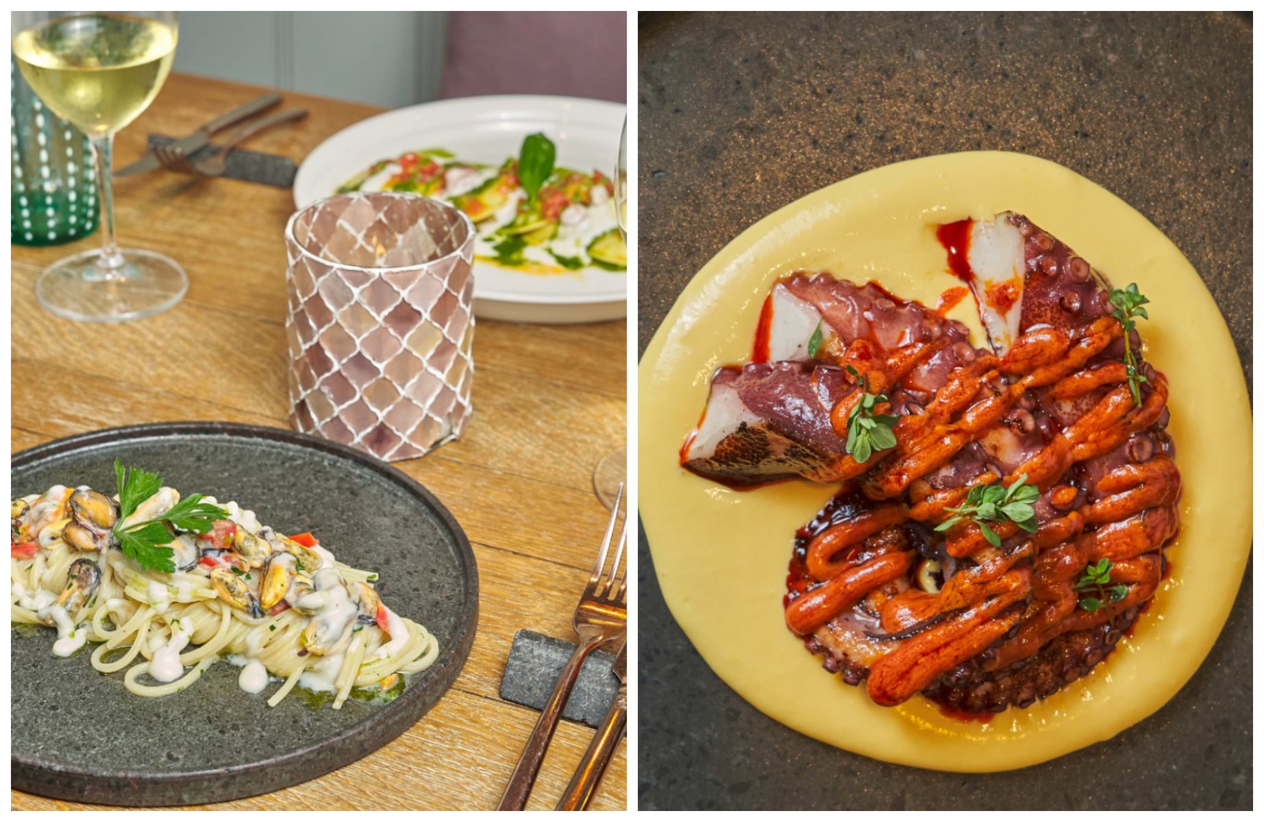 The art of pasta in one dish and a beautifully grilled octopus tentacle atop creamy potato velouté, finished with a spicy ’nduja sauce. © Badalamenti Cucina e Bottega (Palermo) 
