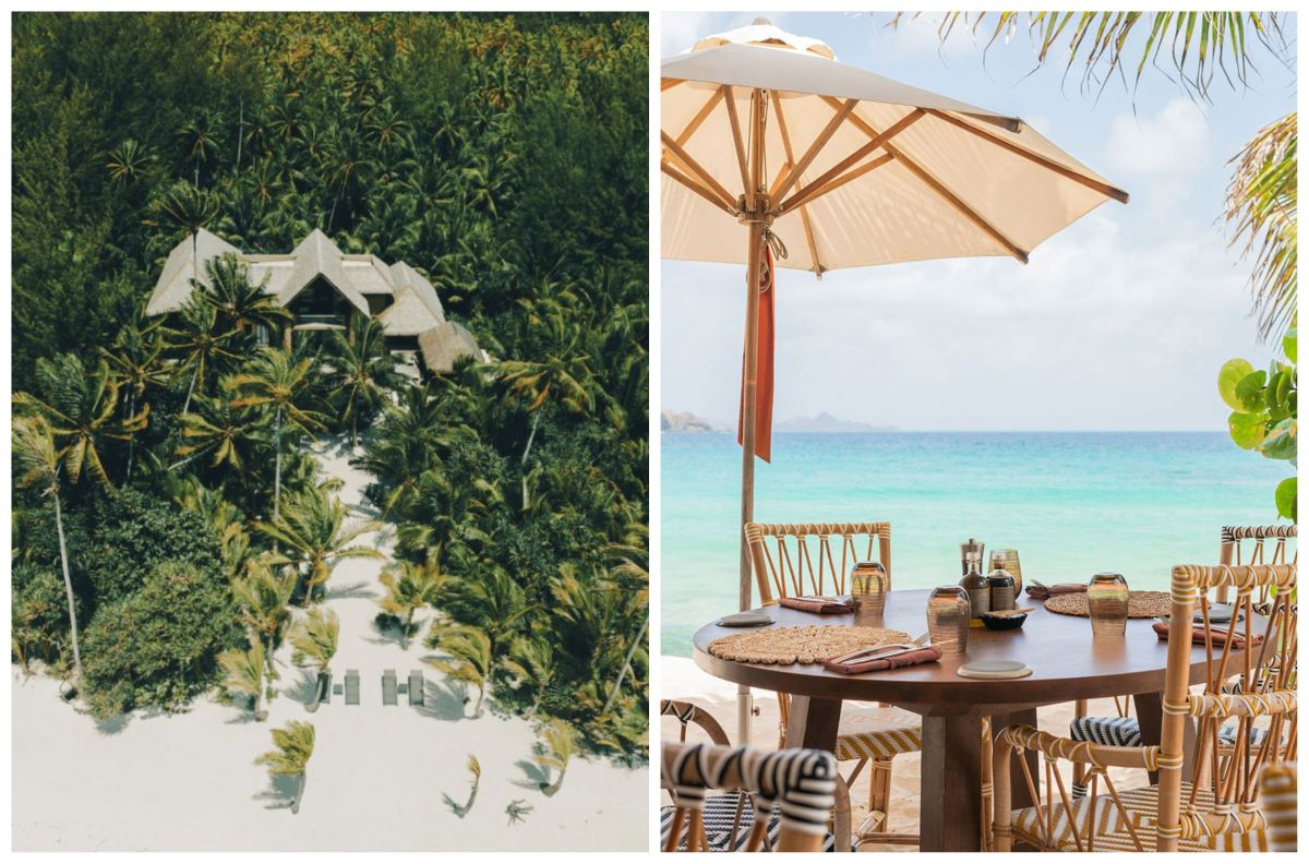 Una vista aérea de los exuberantes alrededores de The Brando y la panorámica del restaurante junto a la playa Cheval Blanc St. Barth Isle De France. © The Brando / Cheval Blanc St. Barth Isle De France 