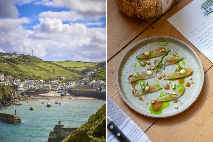 Port Isaac's picturesque harbour and a dish from Outlaw's Fish Kitchen. © 1111IESPDJ/iStock (L), Outlaw's Fish Kitchen (R)