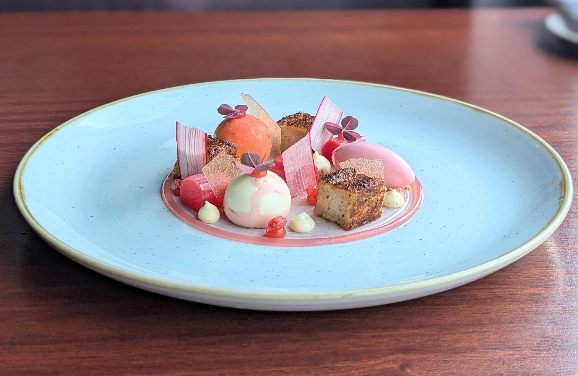 Yorkshire Forced Rhubarb, Spiced Pain Perdu, Blood Orange, Yoghurt at Melton’s, York. © Calvin/Melton's