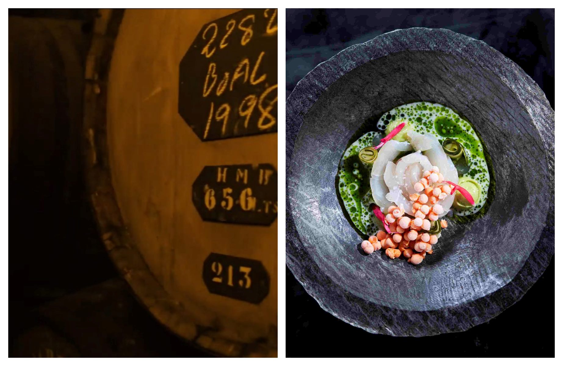 Dois clássicos para quem visita a Madeira: os famosos vinhos da ilha na Blandy’s Wine Lounge e o peixe (neste caso, um parto curado) com maracujá, no restaurante Audax. © Michelin Guide; Henrique Seruca/Audax